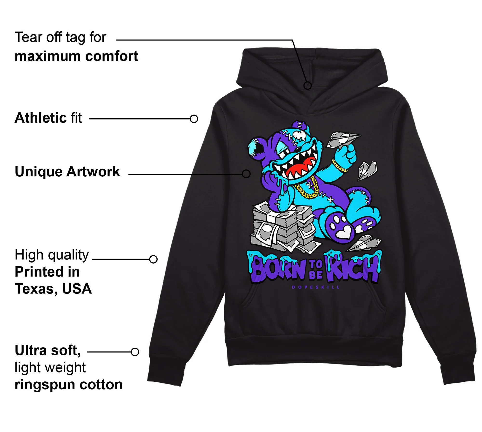 Aqua 6s DopeSkill Hoodie Sweatshirt Born To Be Rich Graphic - Image 3