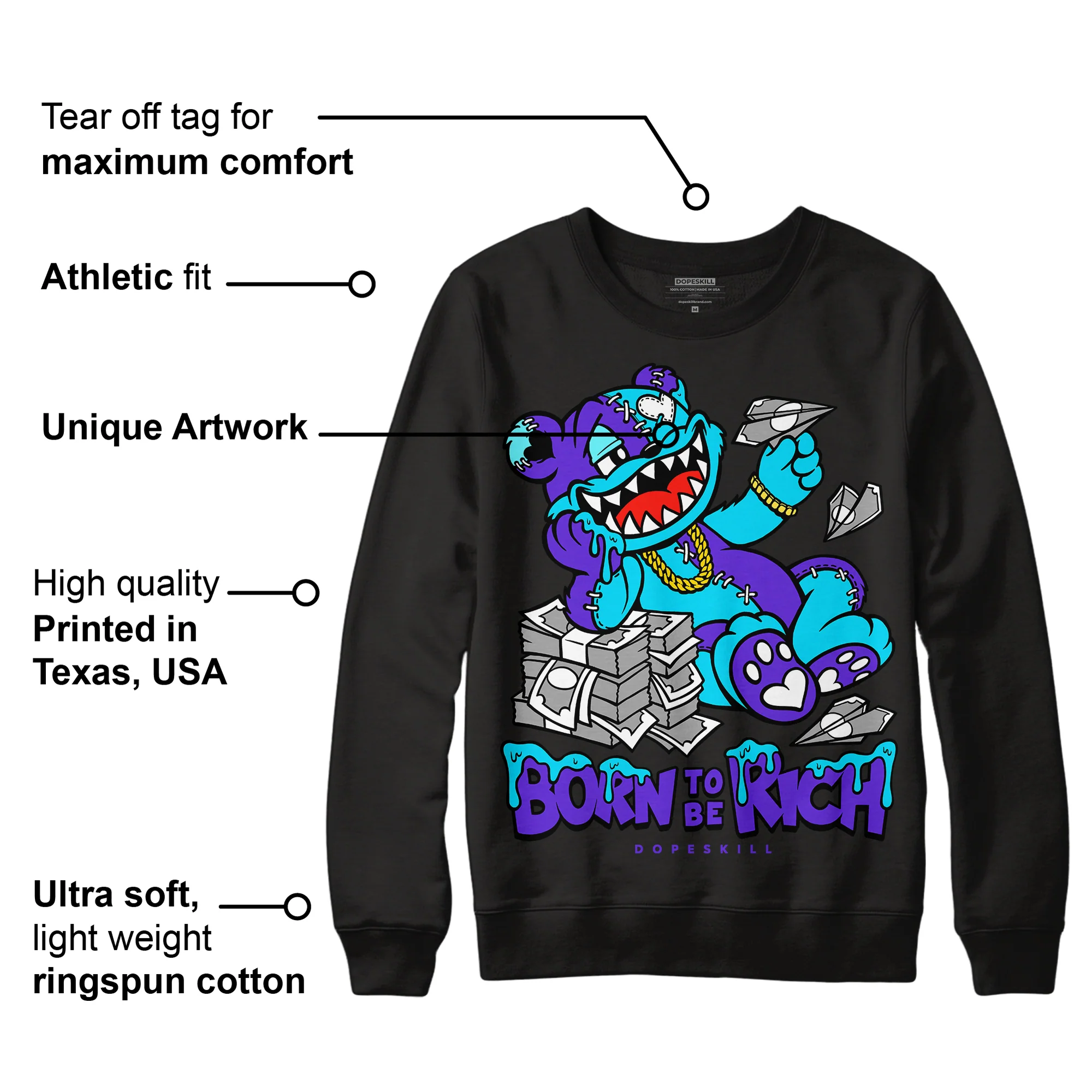 Aqua 6s DopeSkill Sweatshirt Born To Be Rich Graphic - Image 3