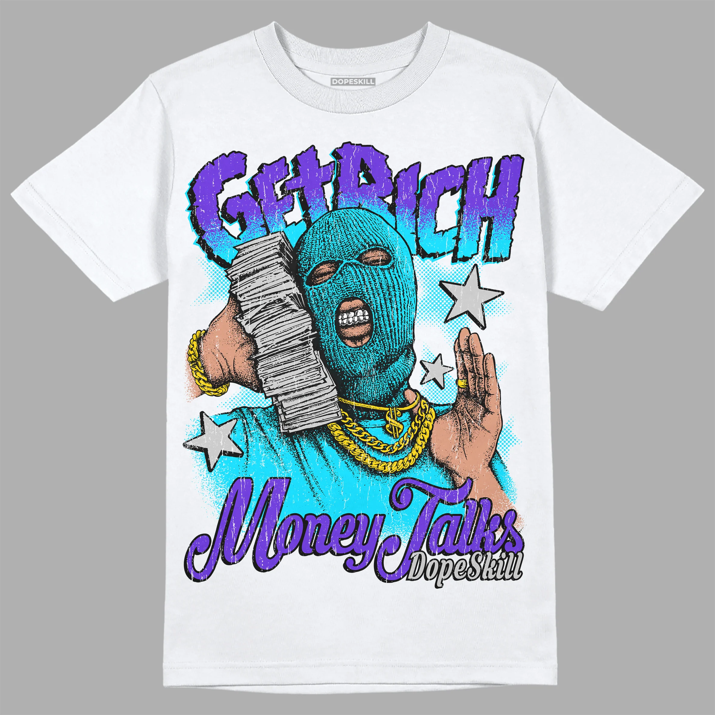 Aqua 6s DopeSkill T-Shirt Get Rich Graphic - Image 2