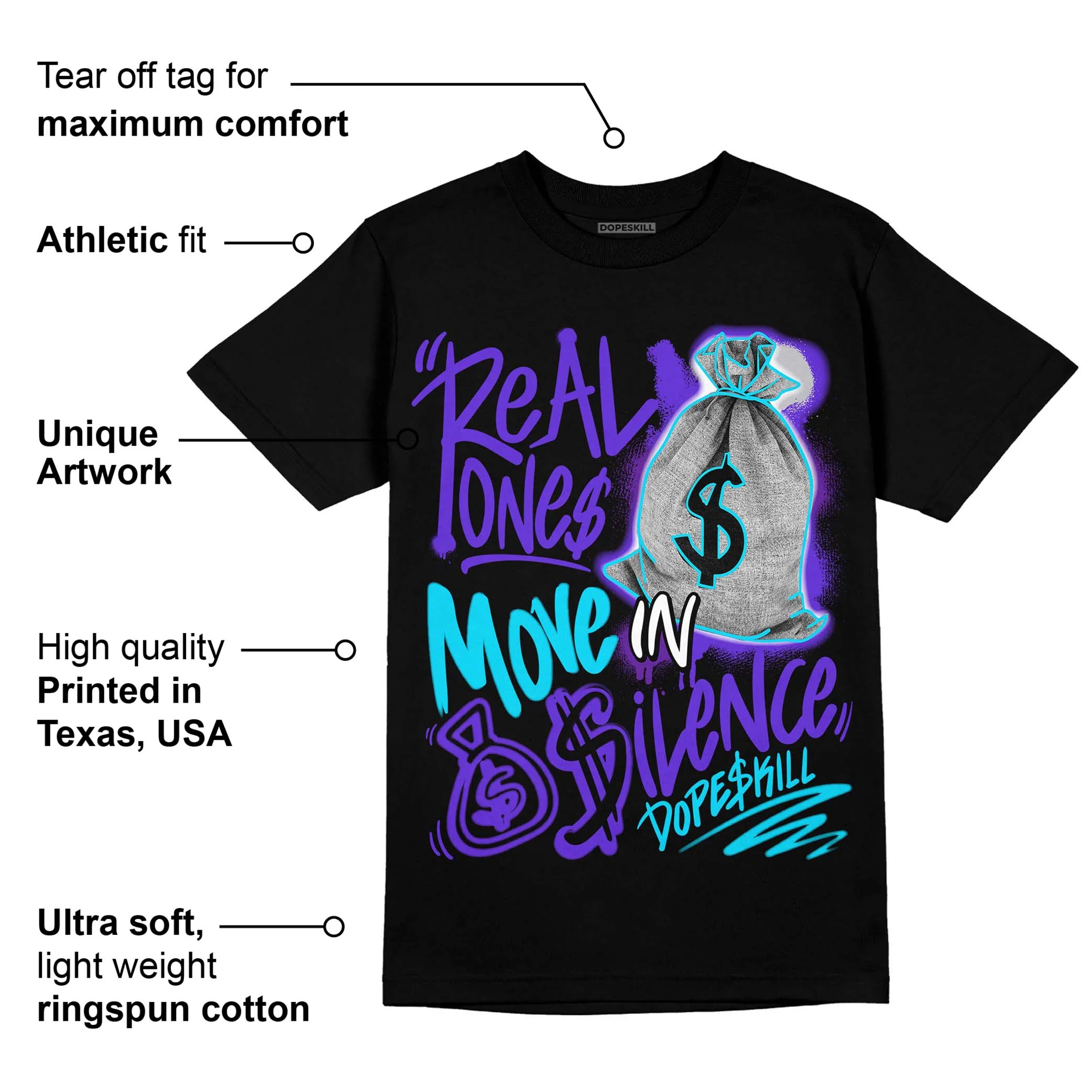 Aqua 6s DopeSkill T-Shirt Real Ones Move In Silence Graphic - Image 3