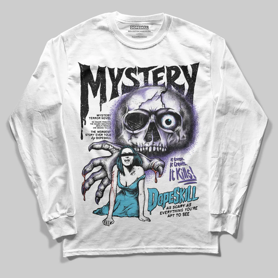 Aqua 8s DopeSkill Long Sleeve T-Shirt Mystery Ghostly Grasp Graphic - Image 2