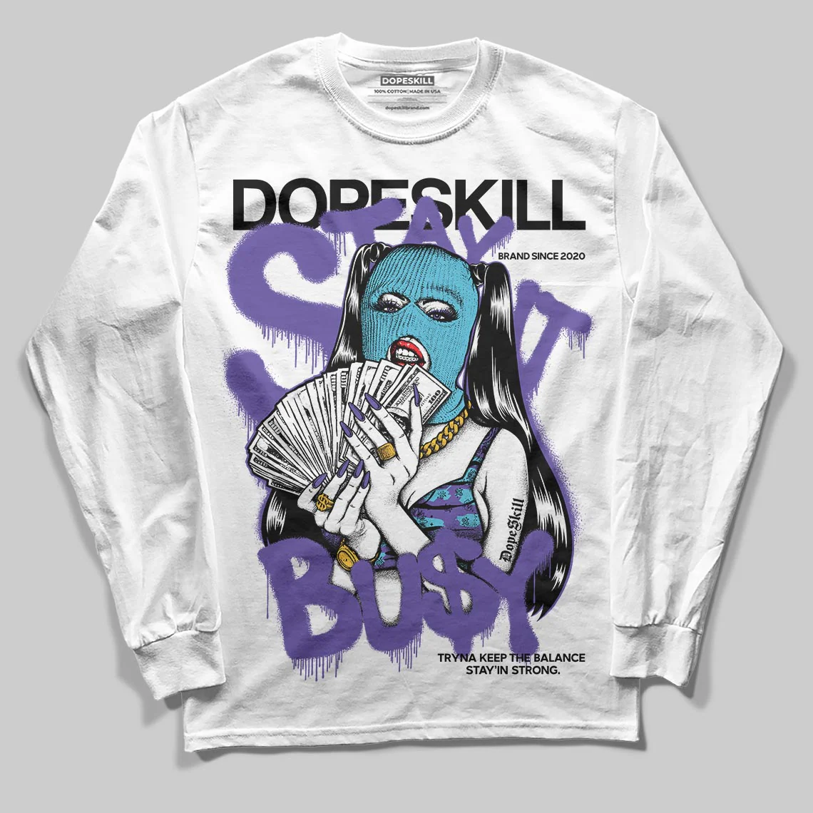 Aqua 8s DopeSkill Long Sleeve T-Shirt Stay It Busy Graphic - Image 2