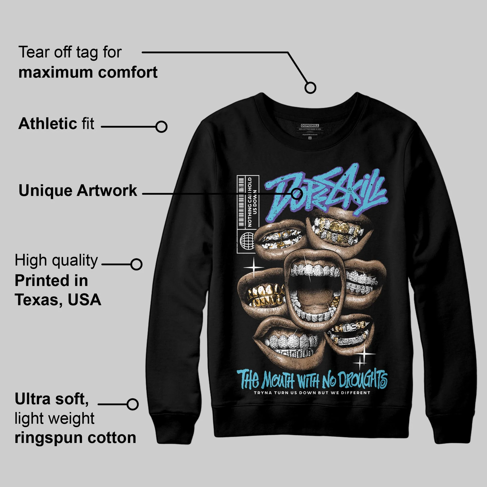 Aqua 8s DopeSkill Sweatshirt The Mouth With No Droughts Graphic - Image 3