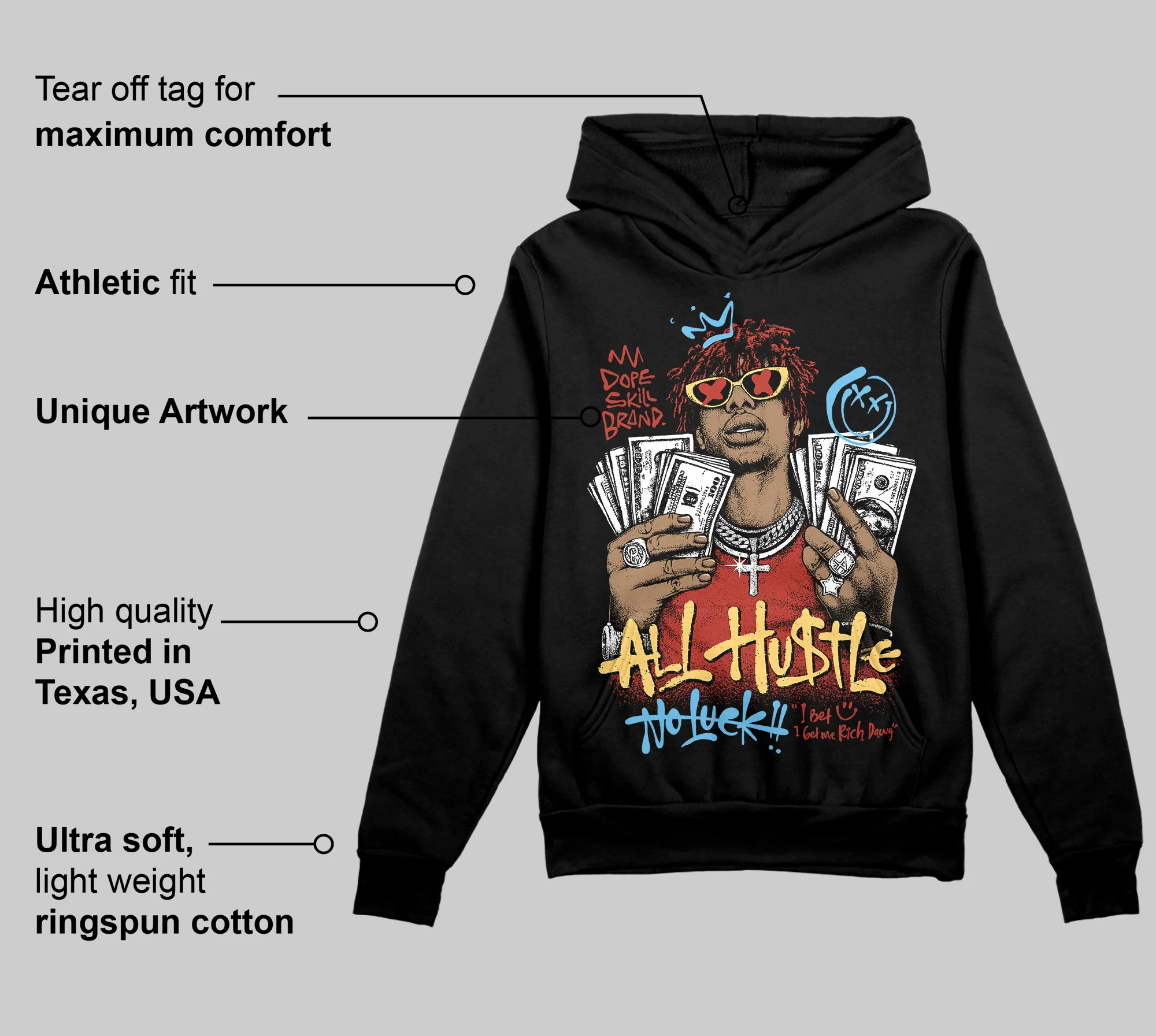 Black/White 'All Hustle No Luck' DopeSkill Graphic Hoodie - Image 3