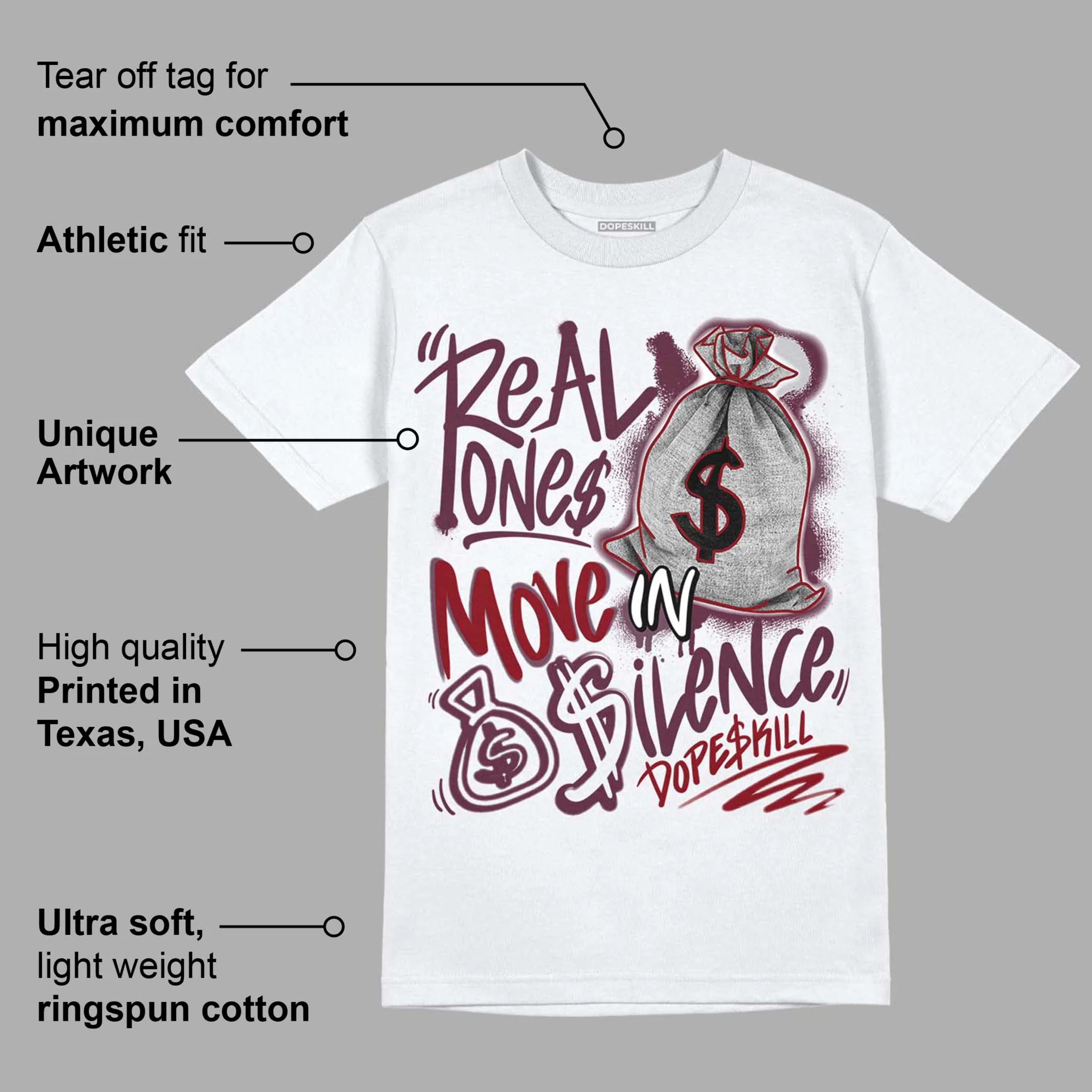 Burgundy 5s DopeSkill T-Shirt Real Ones Move In Silence Graphic - Image 3