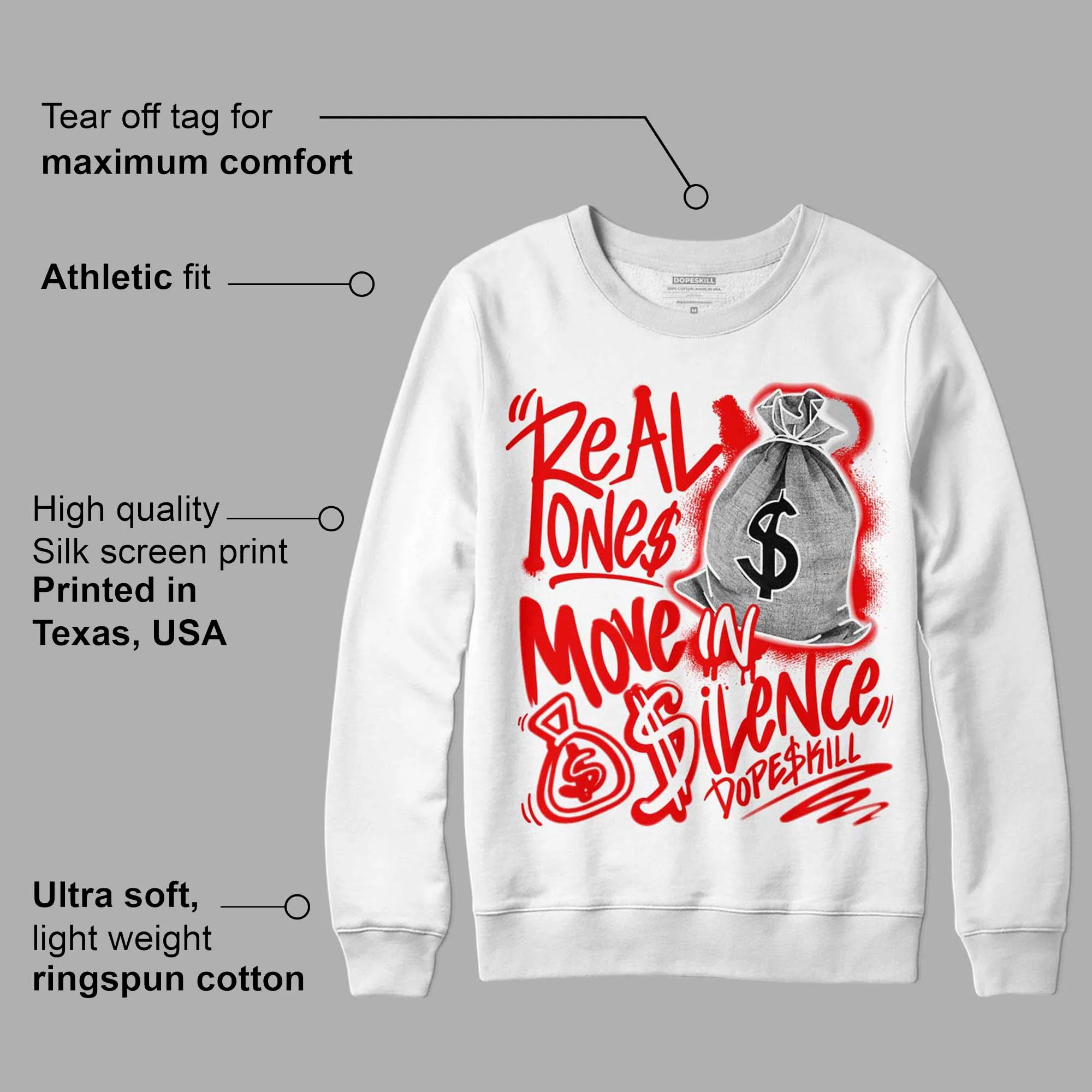 Cherry 11s DopeSkill Sweatshirt Real Ones Move In Silence Graphic - Image 3