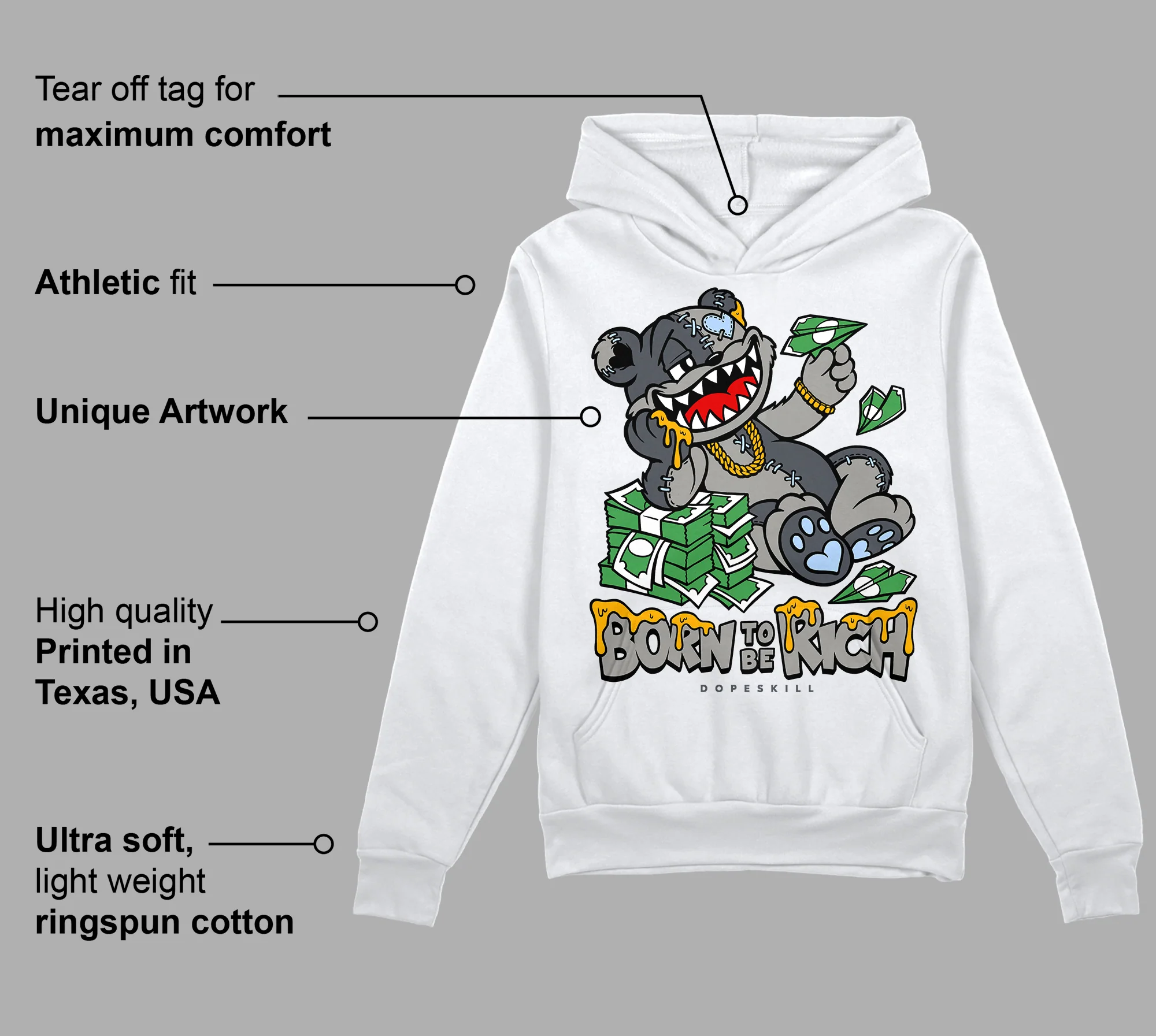 Cool Grey 11s DopeSkill Hoodie Sweatshirt Born To Be Rich Graphic - Image 3