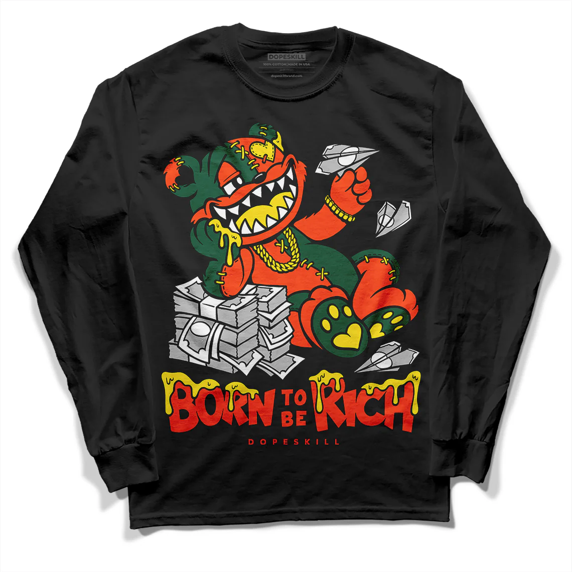 Dunk Team Dark Green Orange DopeSkill Long Sleeve T-Shirt Born To Be Rich Graphic - Image 2