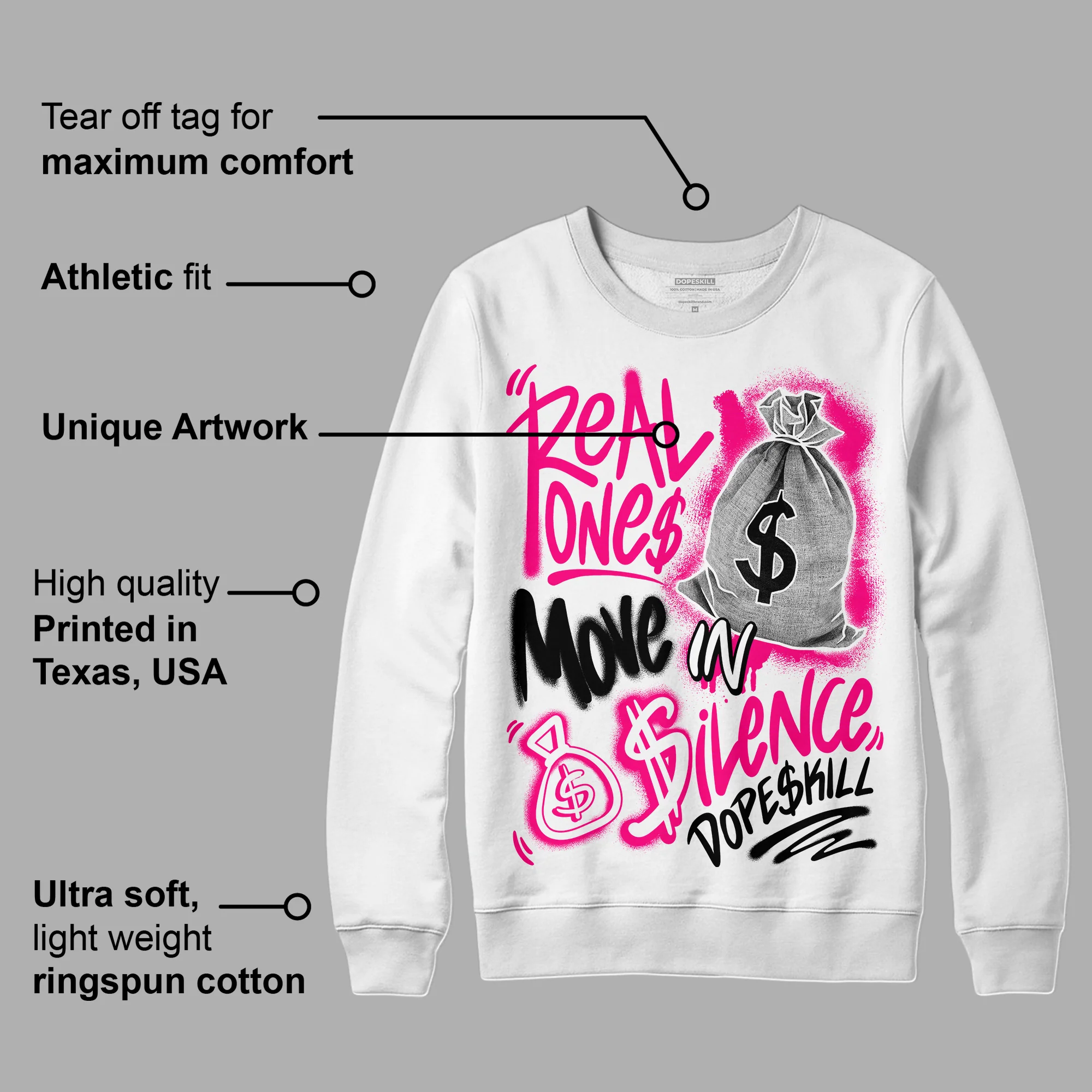 Fierce Pink 1s DopeSkill Sweatshirt Real Ones Move In Silence Graphic - Image 3