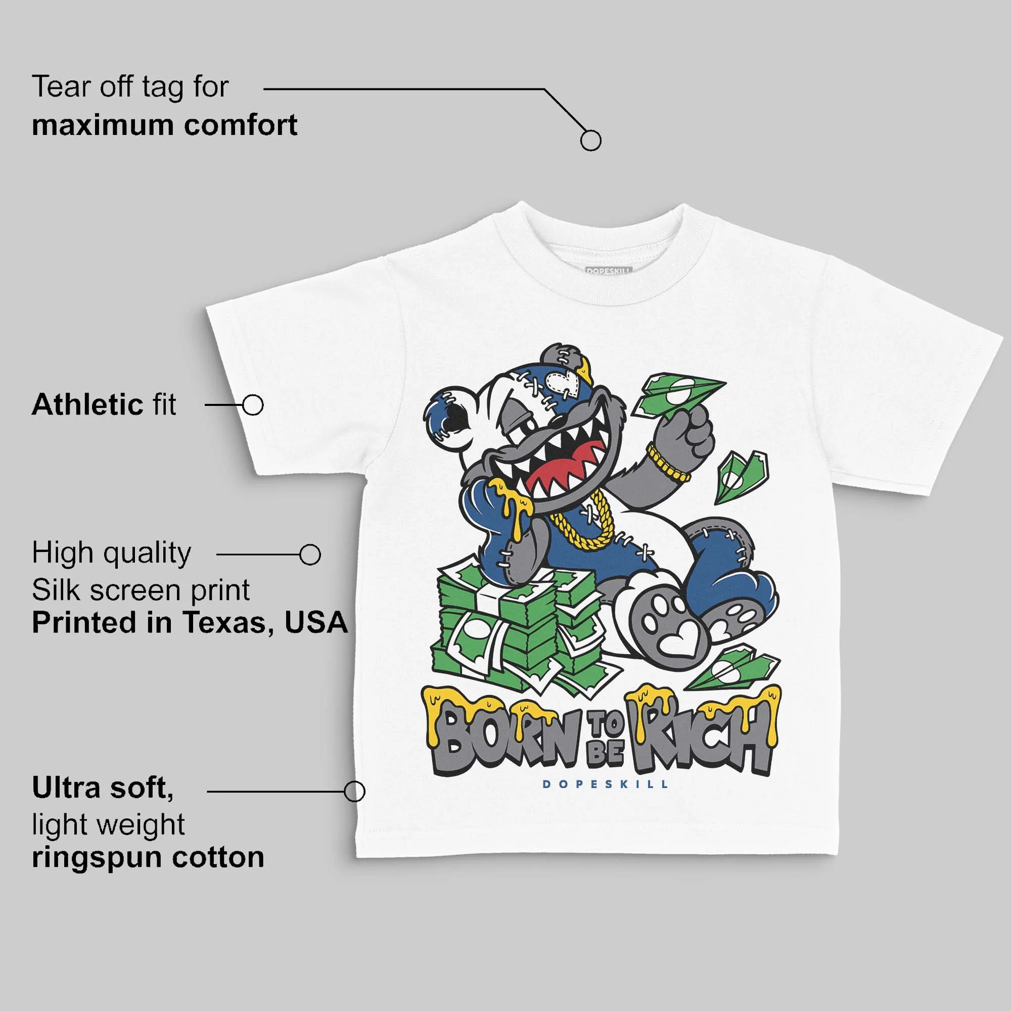 Flint Grey 9s DopeSkill Toddler Kids T-shirt Born To Be Rich Graphic - Image 3