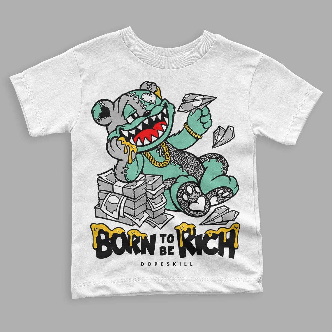 Green Glow 3s DopeSkill Toddler Kids T-shirt Born To Be Rich Graphic - Image 2