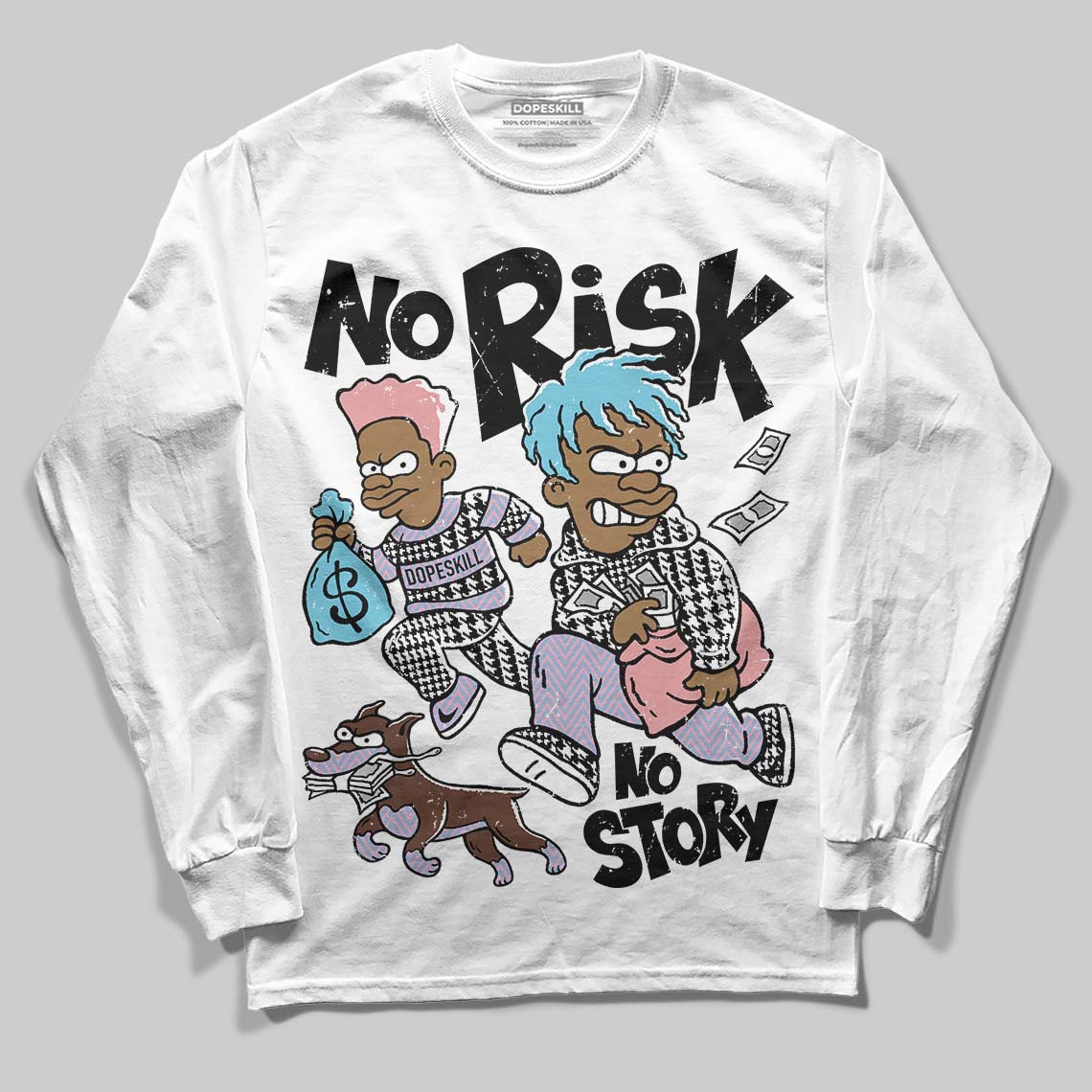 Harris Tweed x Denim Turquoise Dunk DopeSkill Long Sleeve T-Shirt No Risk No Story Graphic - Image 2