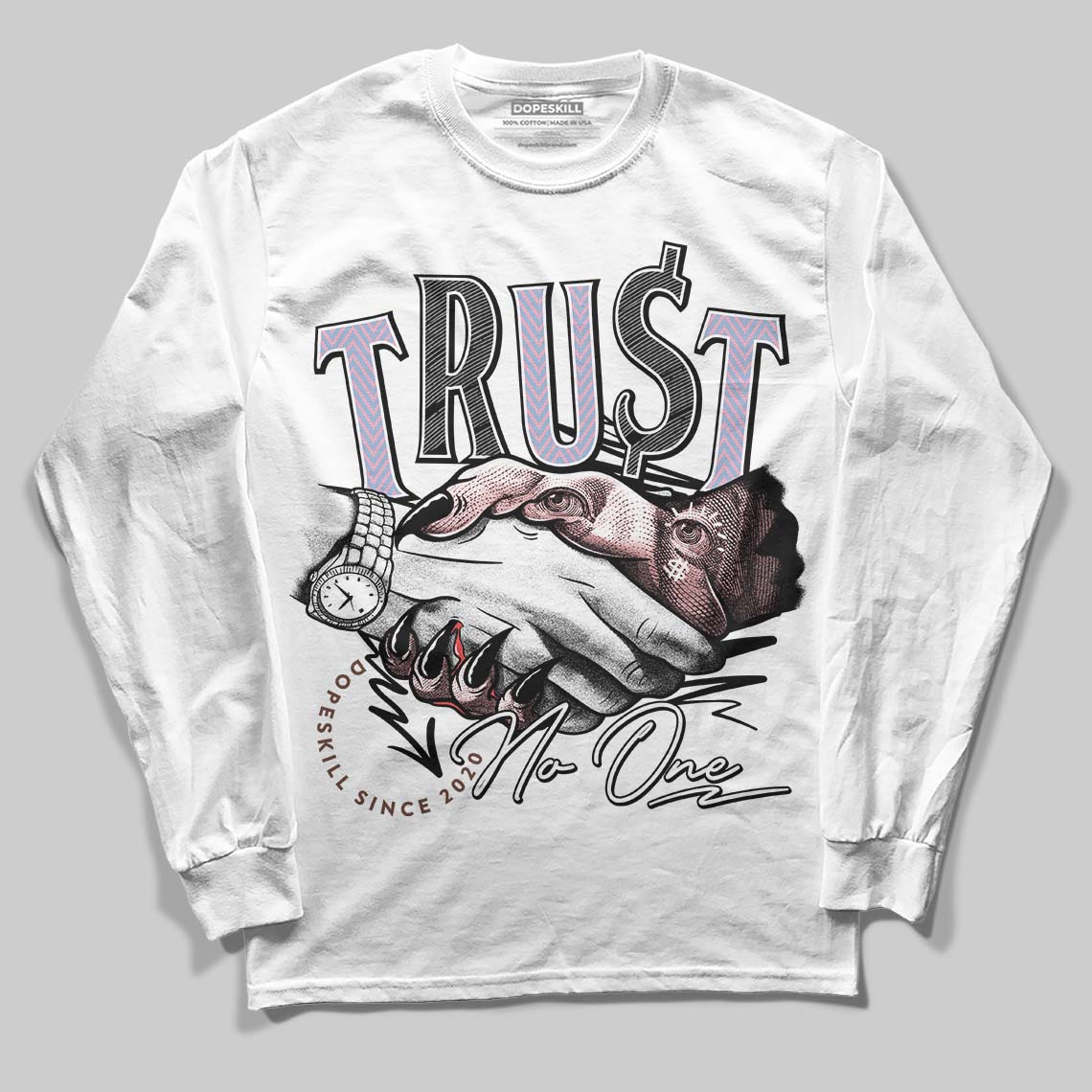 Harris Tweed x Denim Turquoise Dunk DopeSkill Long Sleeve T-Shirt Trust No One Graphic - Image 2