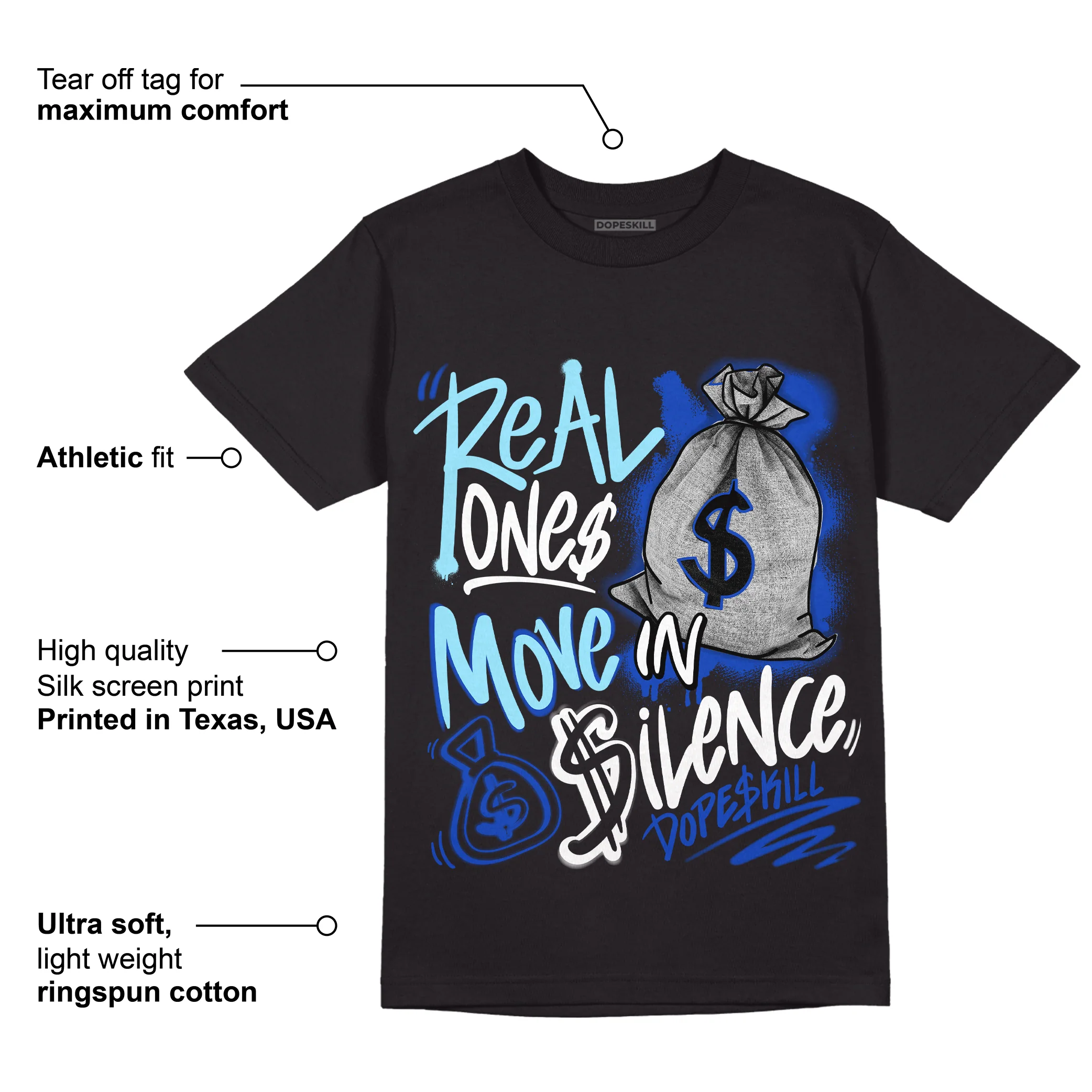 Hyper Royal 12s DopeSkill T-Shirt Real Ones Move In Silence Graphic - Image 3