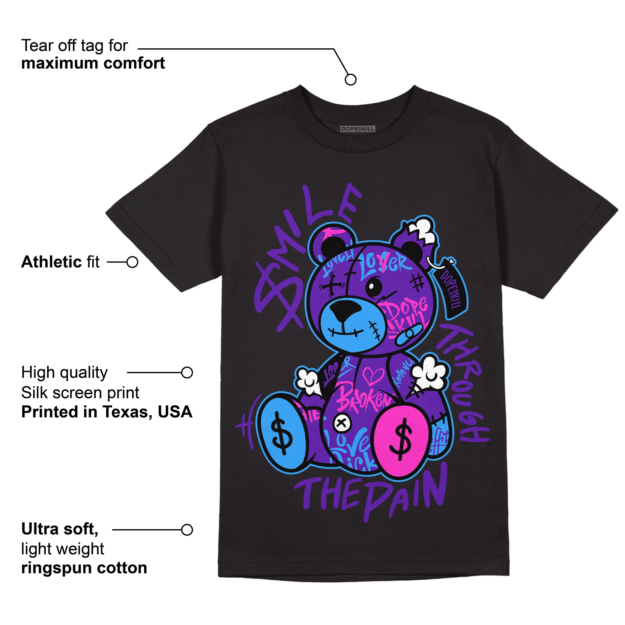 AJ 13 Court Purple DopeSkill T-Shirt Smile Through The Pain Graphic - Image 3