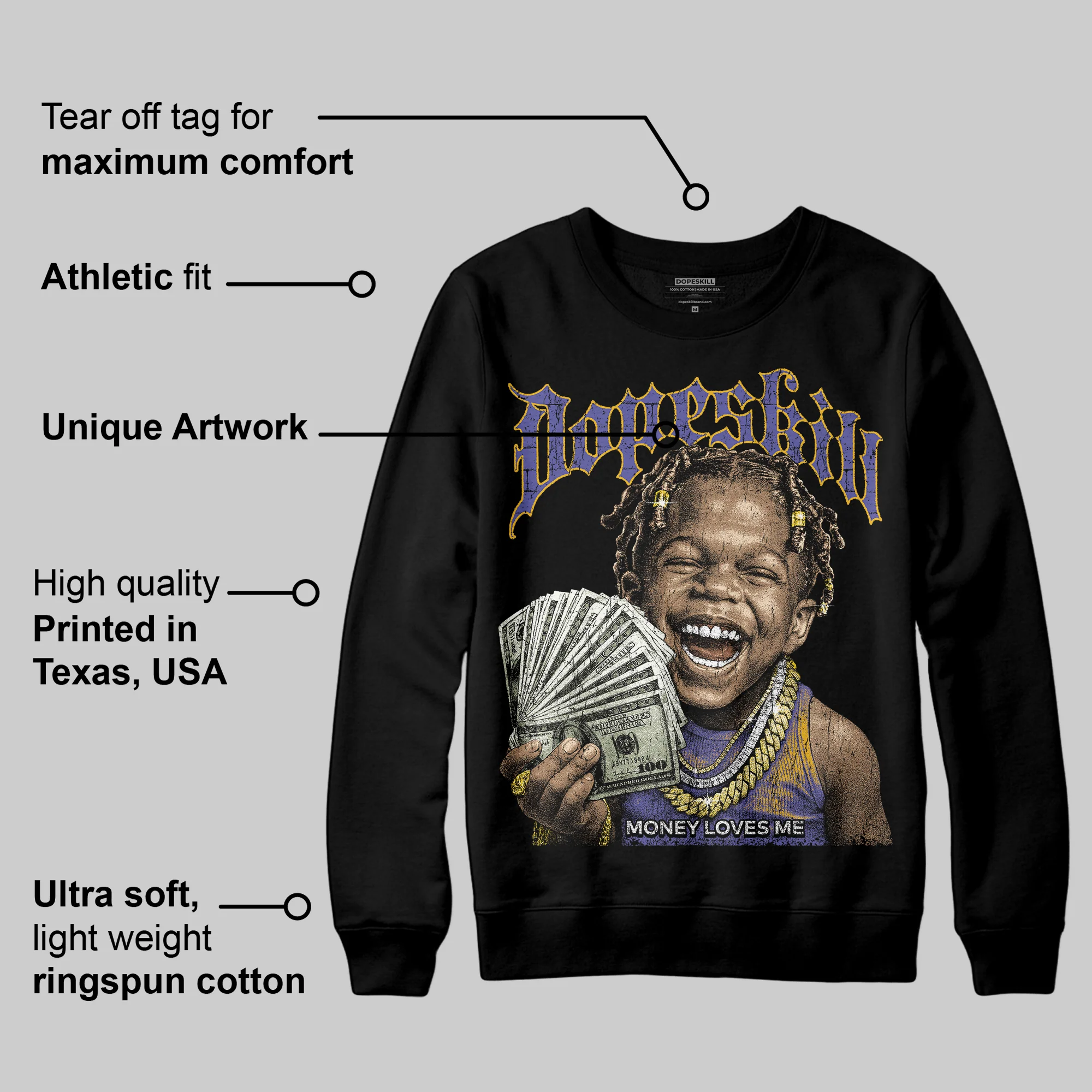 Lakers 4s DopeSkill Sweatshirt Money Loves Me Graphic - Image 3