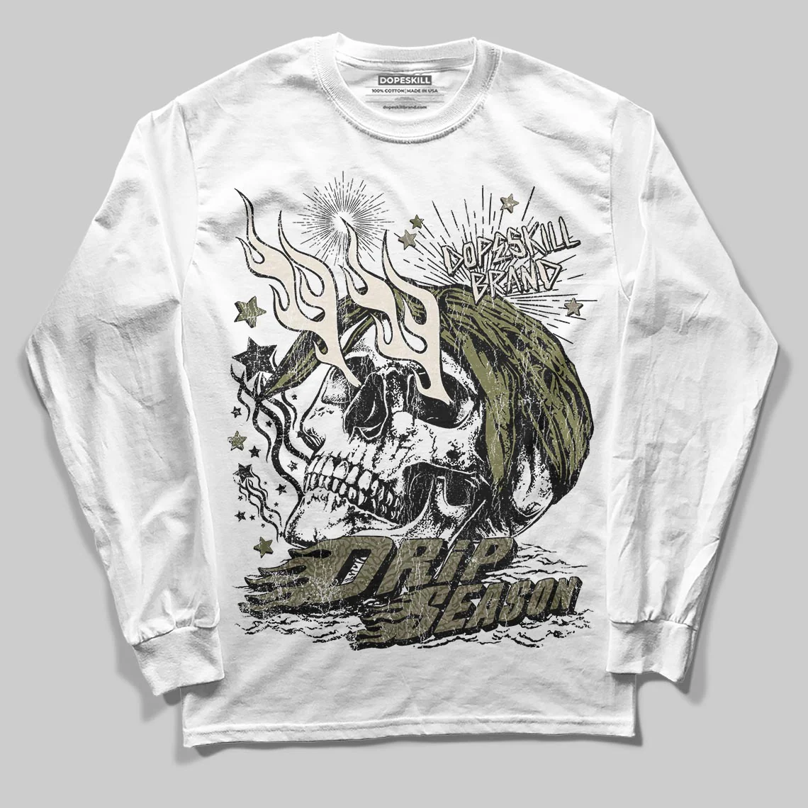 Medium Olive 3s DopeSkill Long Sleeve T-Shirt Drip Season Graphic - Image 2