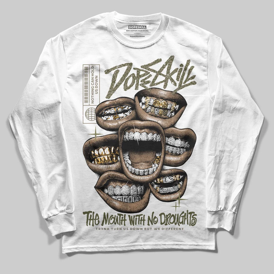 Medium Olive 3s DopeSkill Long Sleeve T-Shirt The Mouth With No Droughts Graphic - Image 2
