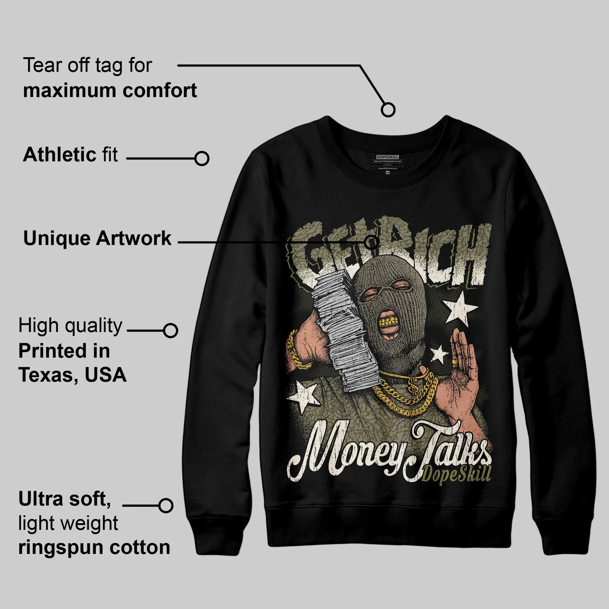 Medium Olive 3s DopeSkill Sweatshirt Get Rich Graphic - Image 3