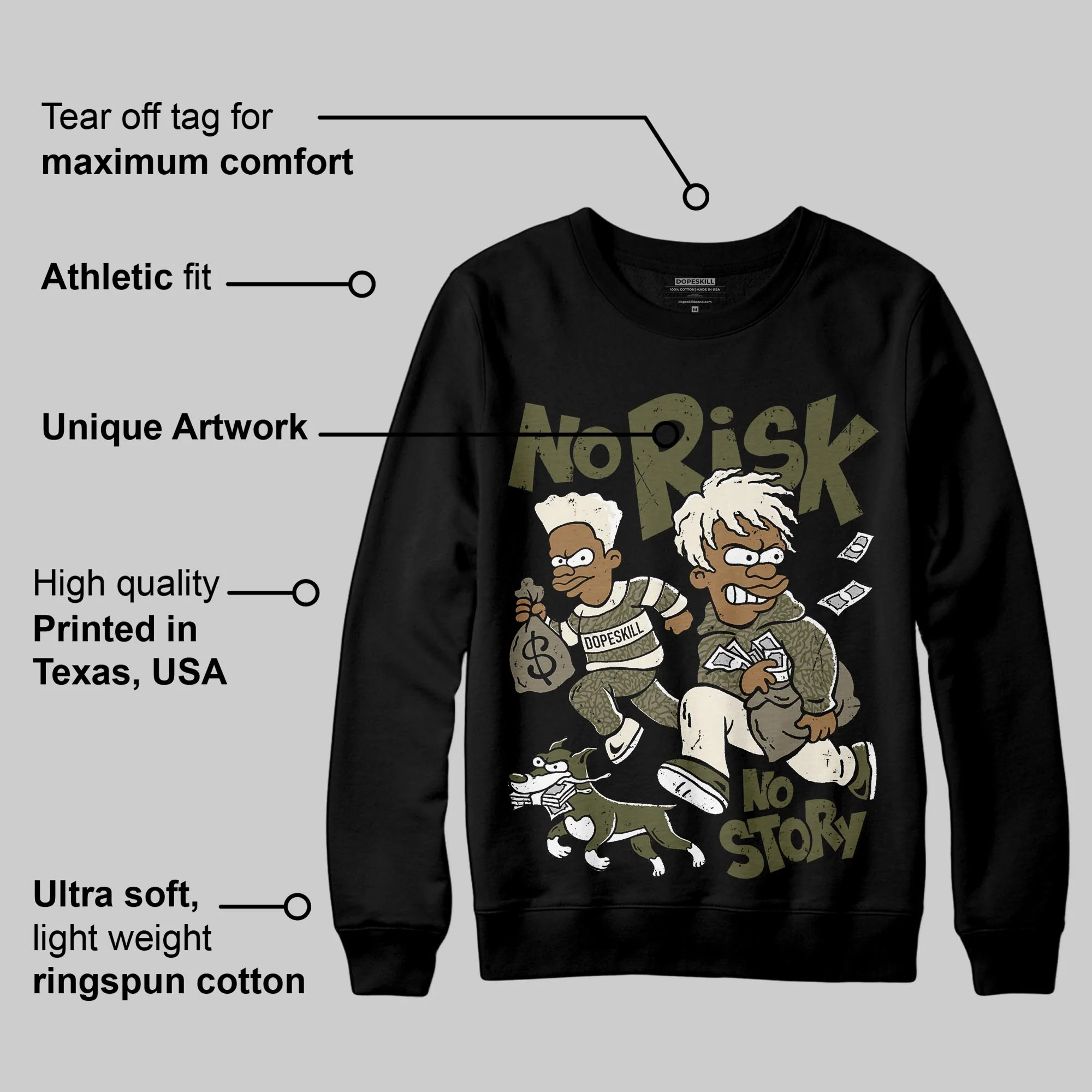 Medium Olive 3s DopeSkill Sweatshirt No Risk No Story Graphic - Image 3
