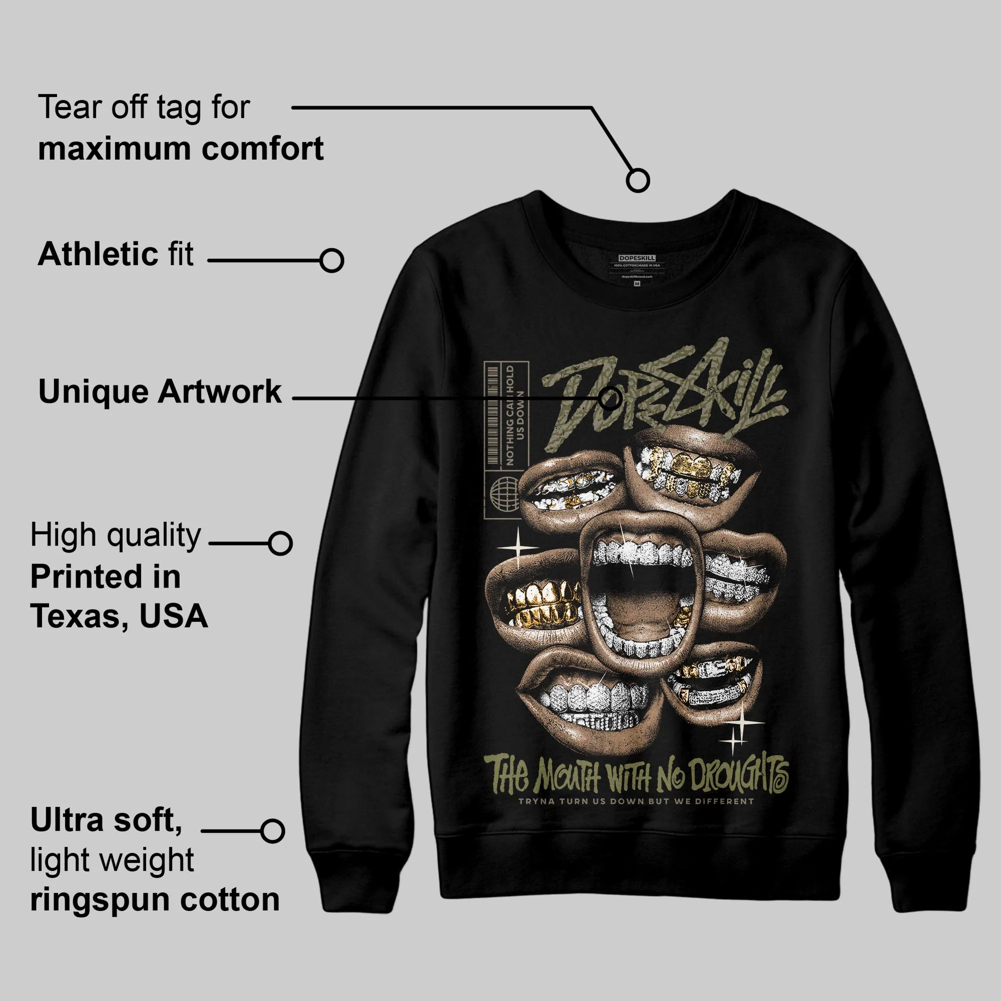 Medium Olive 3s DopeSkill Sweatshirt The Mouth With No Droughts Graphic - Image 3