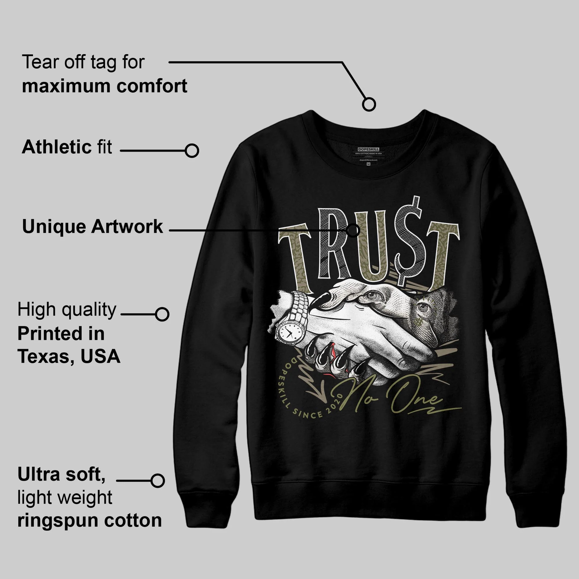 Medium Olive 3s DopeSkill Sweatshirt Trust No One Graphic - Image 3