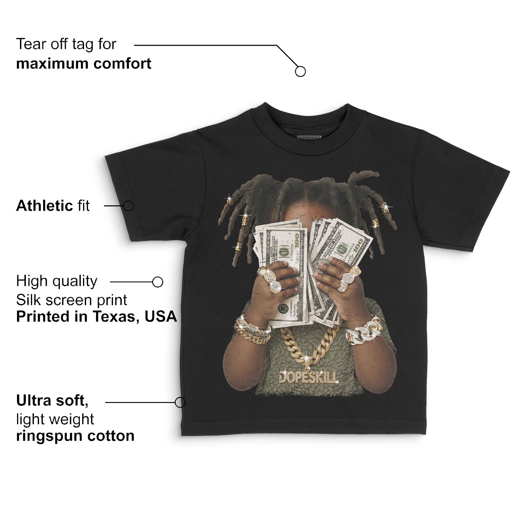 Medium Olive 3s DopeSkill Toddler Kids T-shirt Rich Youth Graphic - Image 3