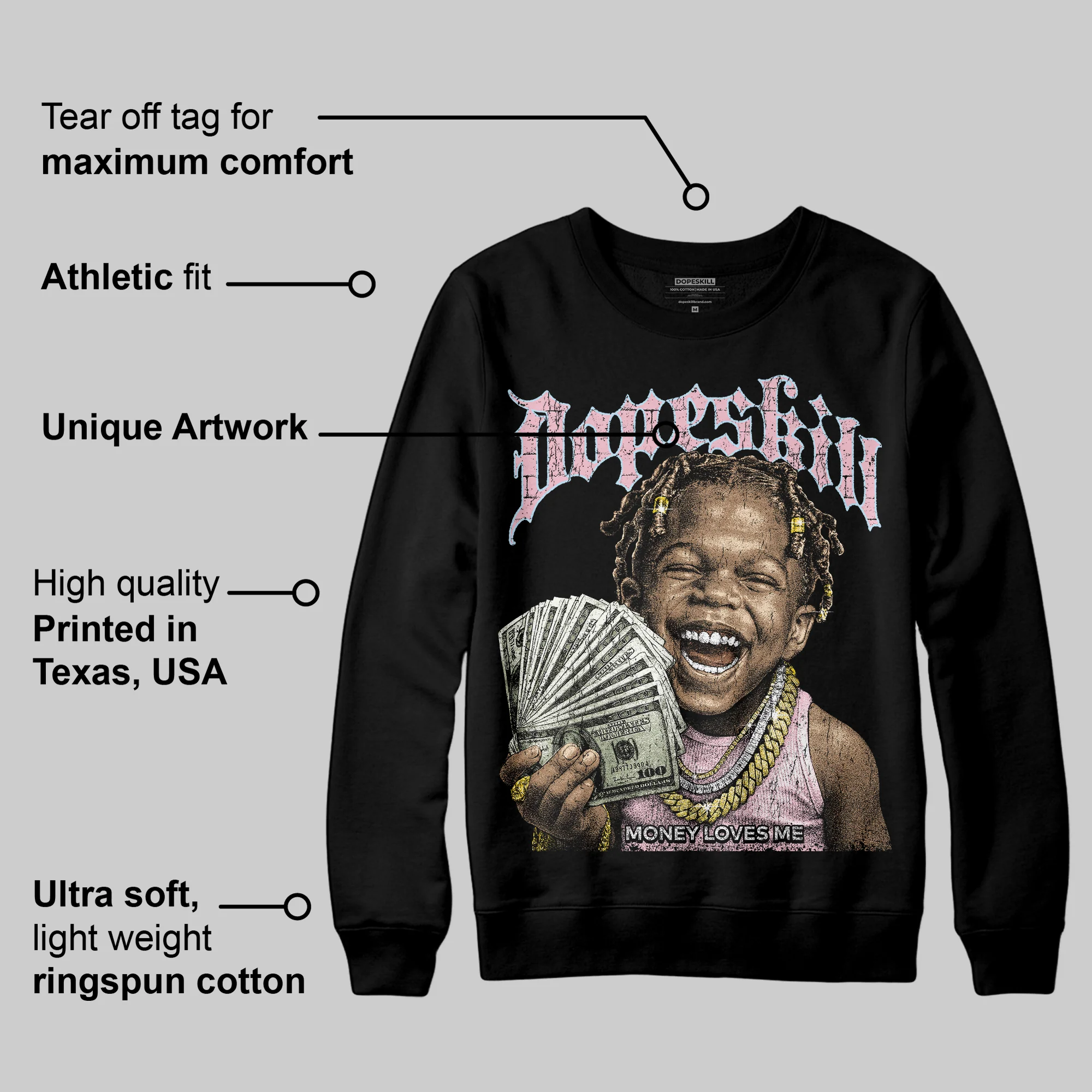 Medium Soft Pink 4s DopeSkill Sweatshirt Money Loves Me Graphic - Image 3