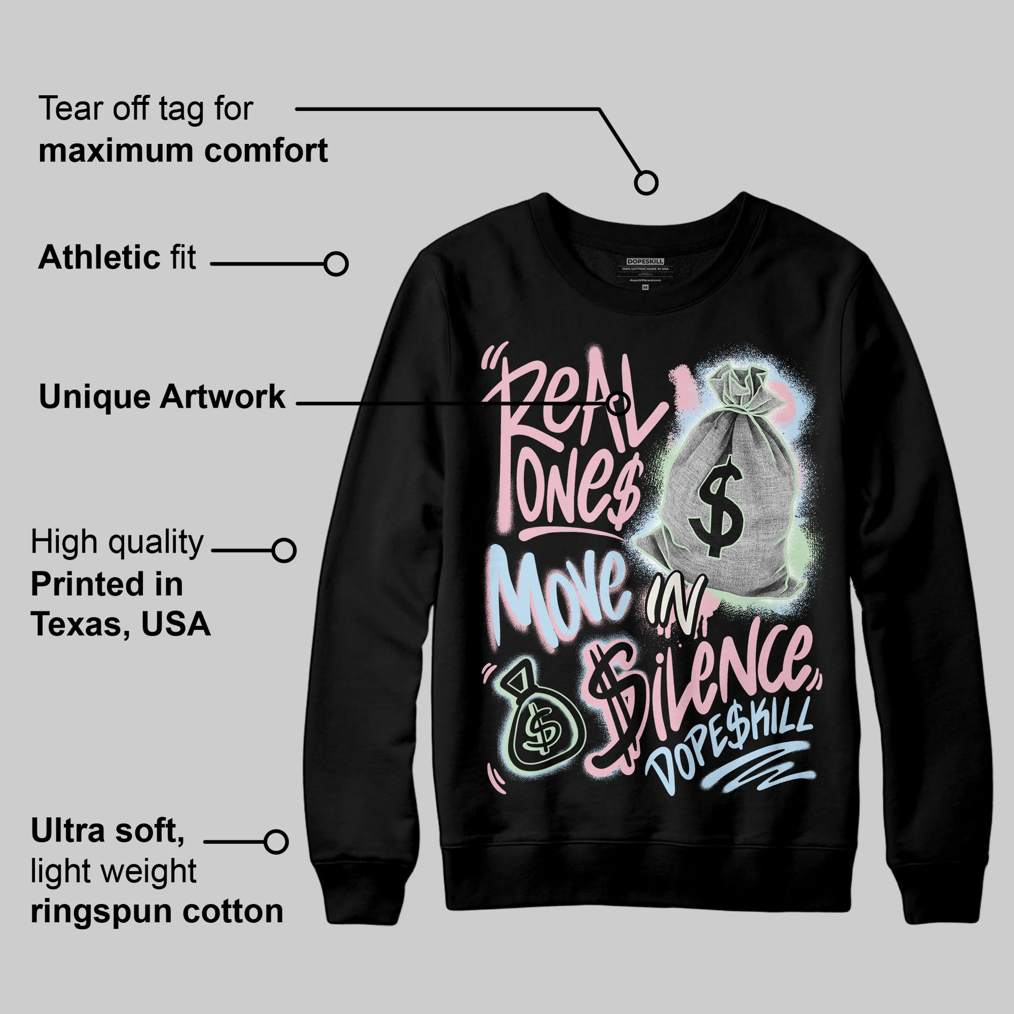 Medium Soft Pink 4s DopeSkill Sweatshirt Real Ones Move In Silence Graphic - Image 3