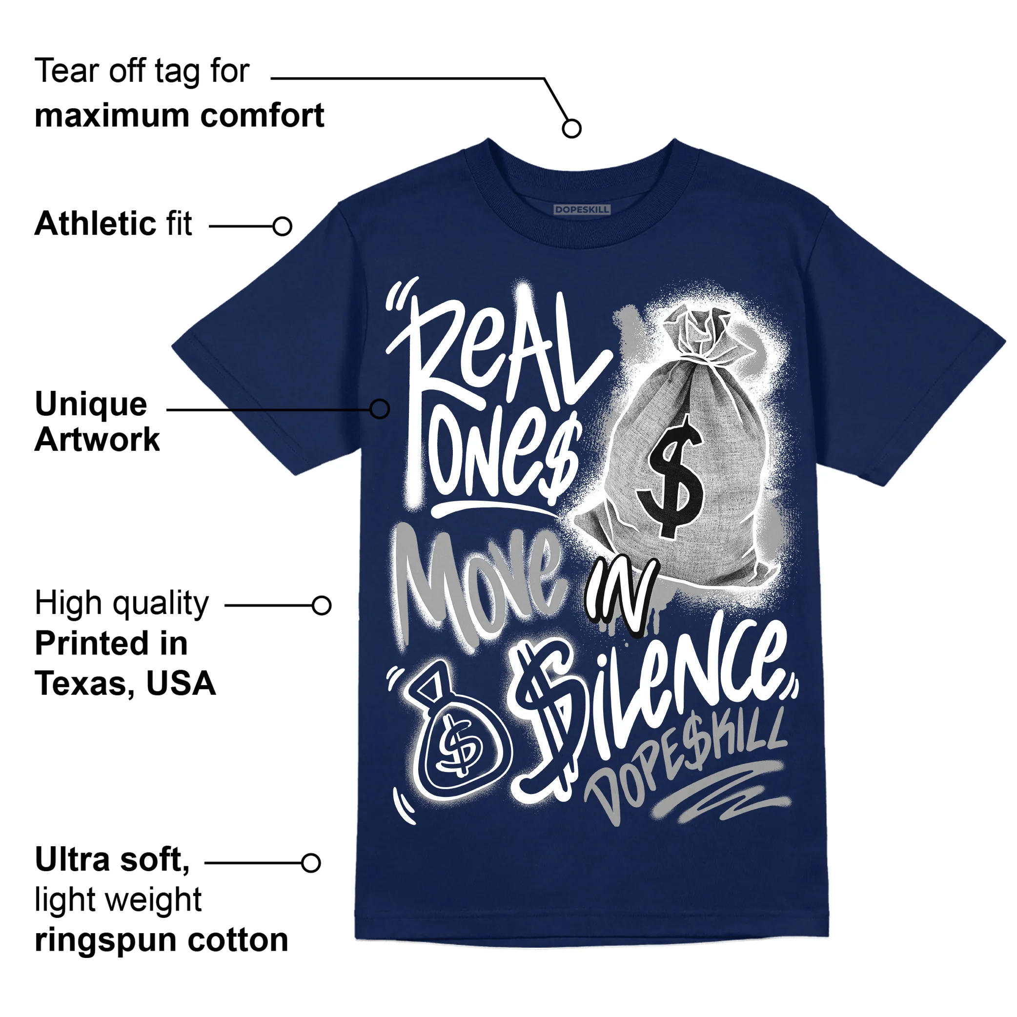 Midnight Navy 3s DopeSkill Navy T-shirt Real Ones Move In Silence Graphic - Image 2