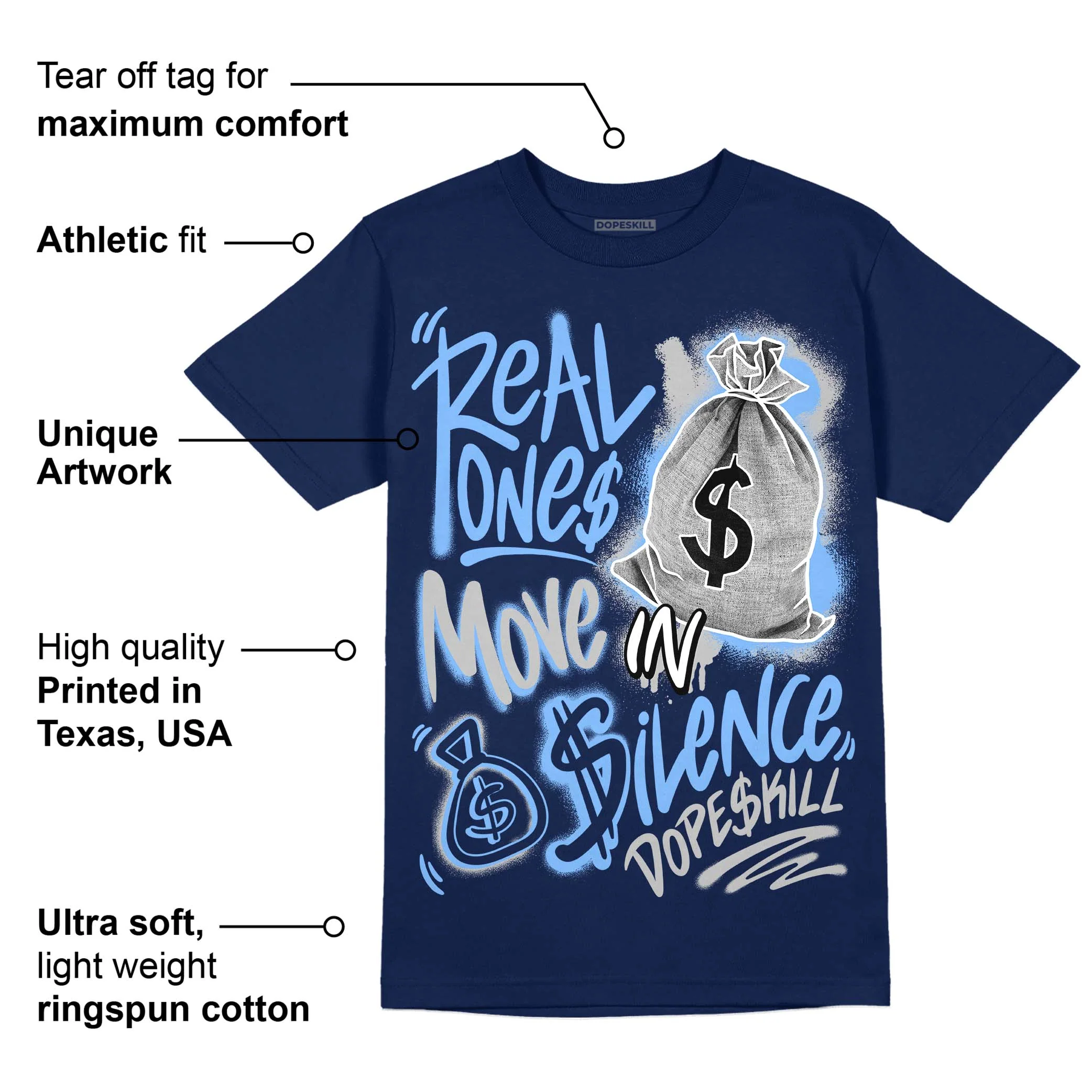 Midnight Navy 5s DopeSkill Navy T-Shirt Real Ones Move In Silence Graphic - Image 2