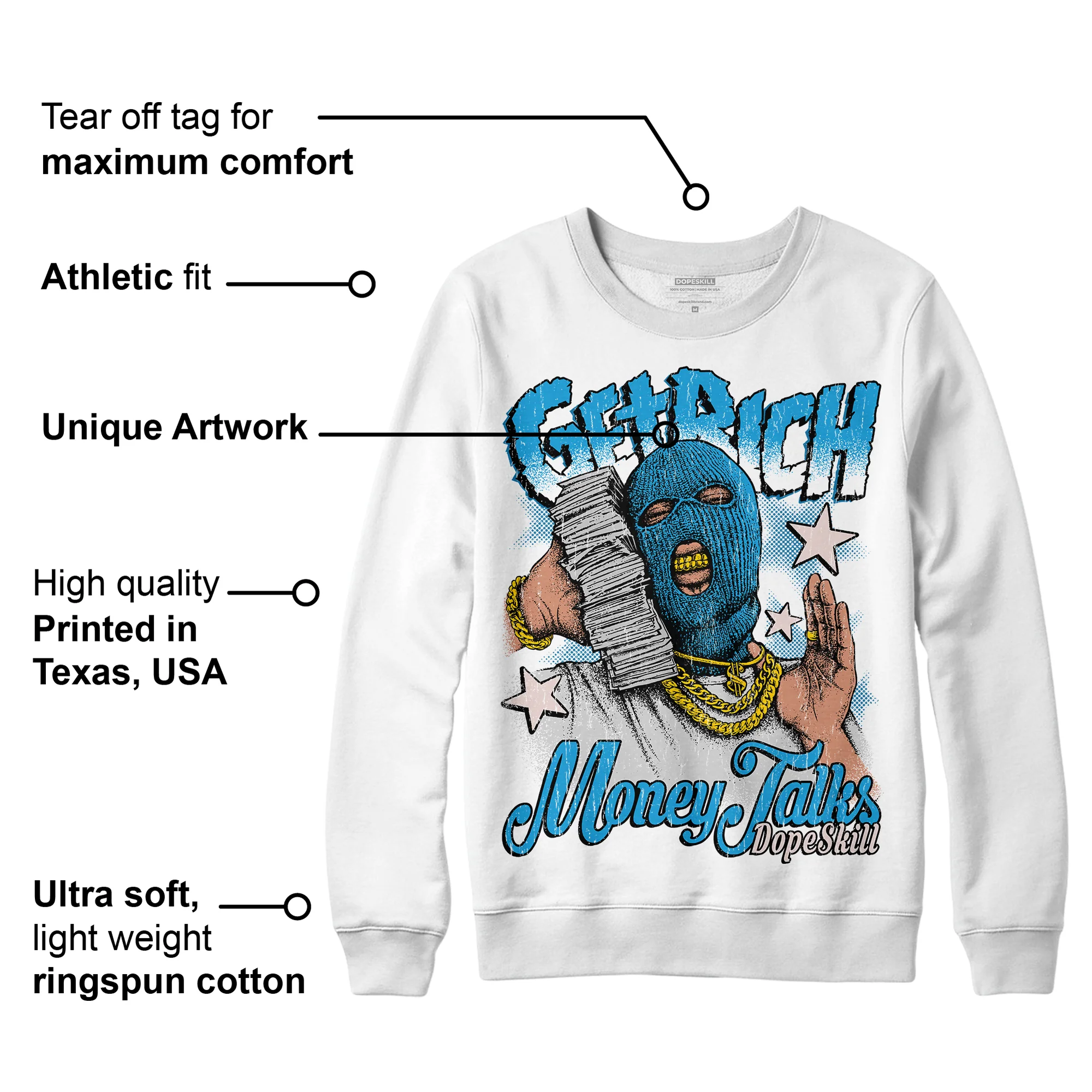 Military Blue 4s DopeSkill Sweatshirt Get Rich Graphic - Image 3