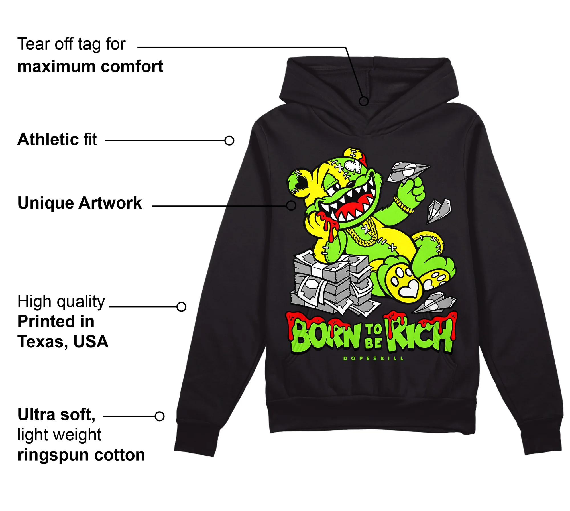 Neon Green Collection DopeSkill Hoodie Sweatshirt Born To Be Rich Graphic - Image 3