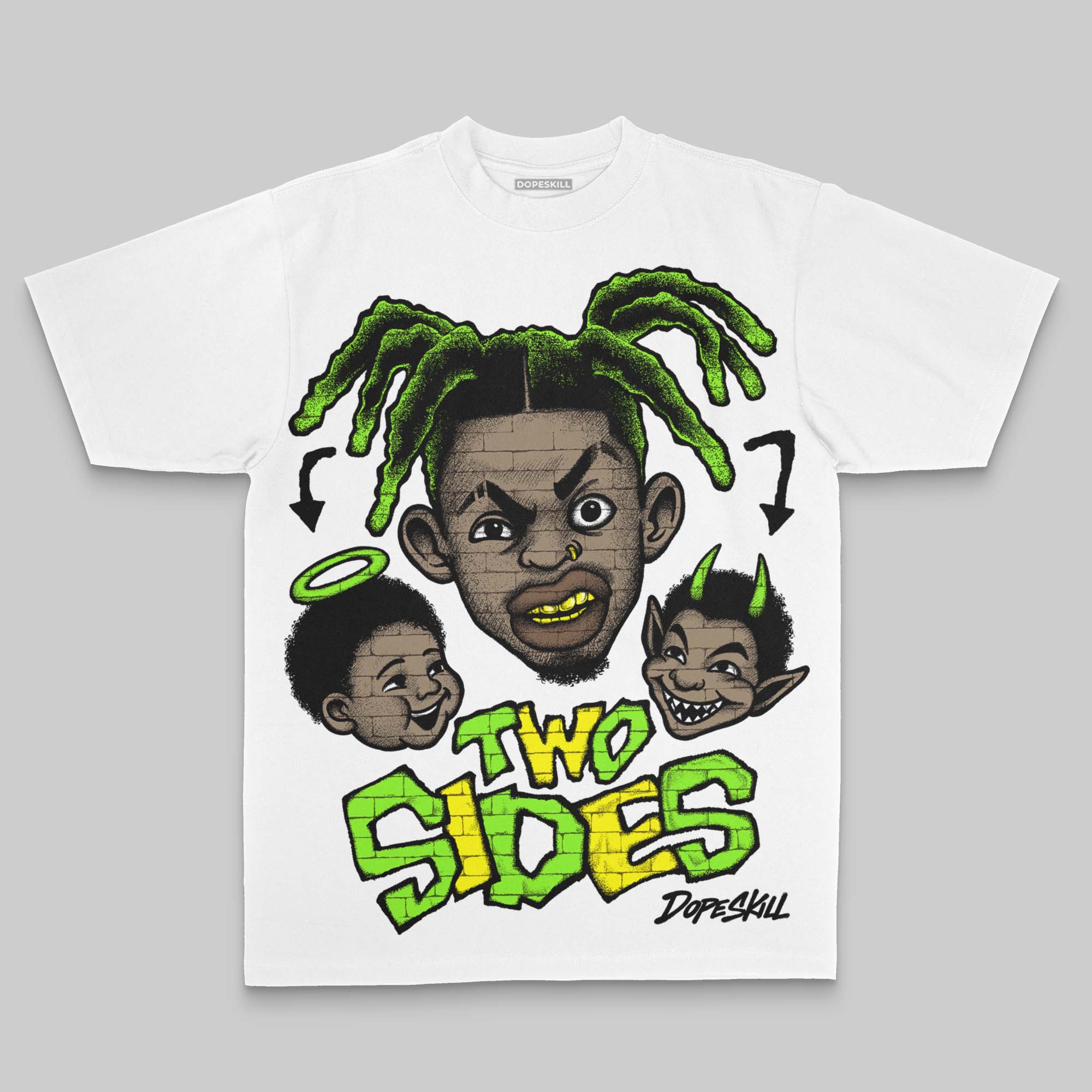 Neon Green Oversize Print 'Two Sides' DopeSkill Graphic T-shirt - Image 2