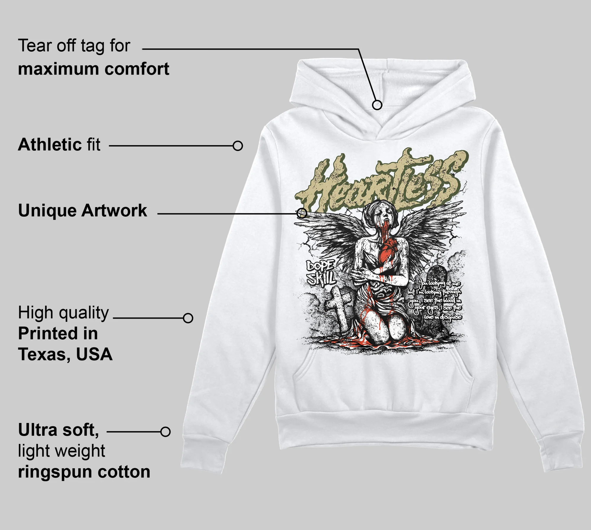 Olive Collection DopeSkill Hoodie Sweatshirt Heartless Graphic - Image 3