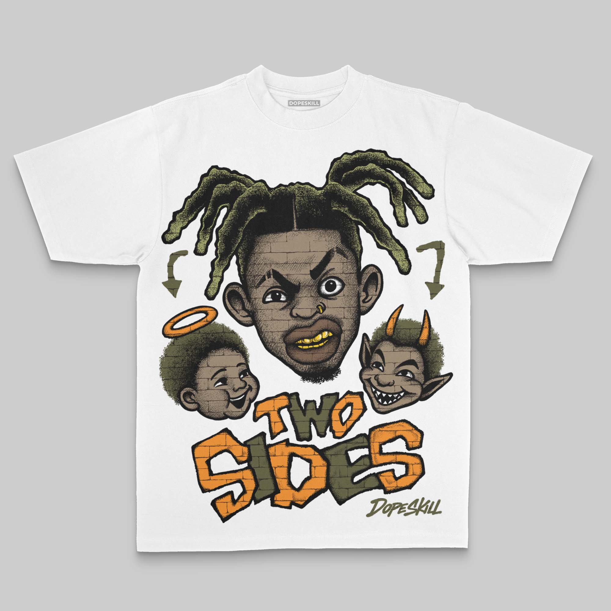 Olive Oversize Print 'Two Sides' DopeSkill Graphic T-shirt