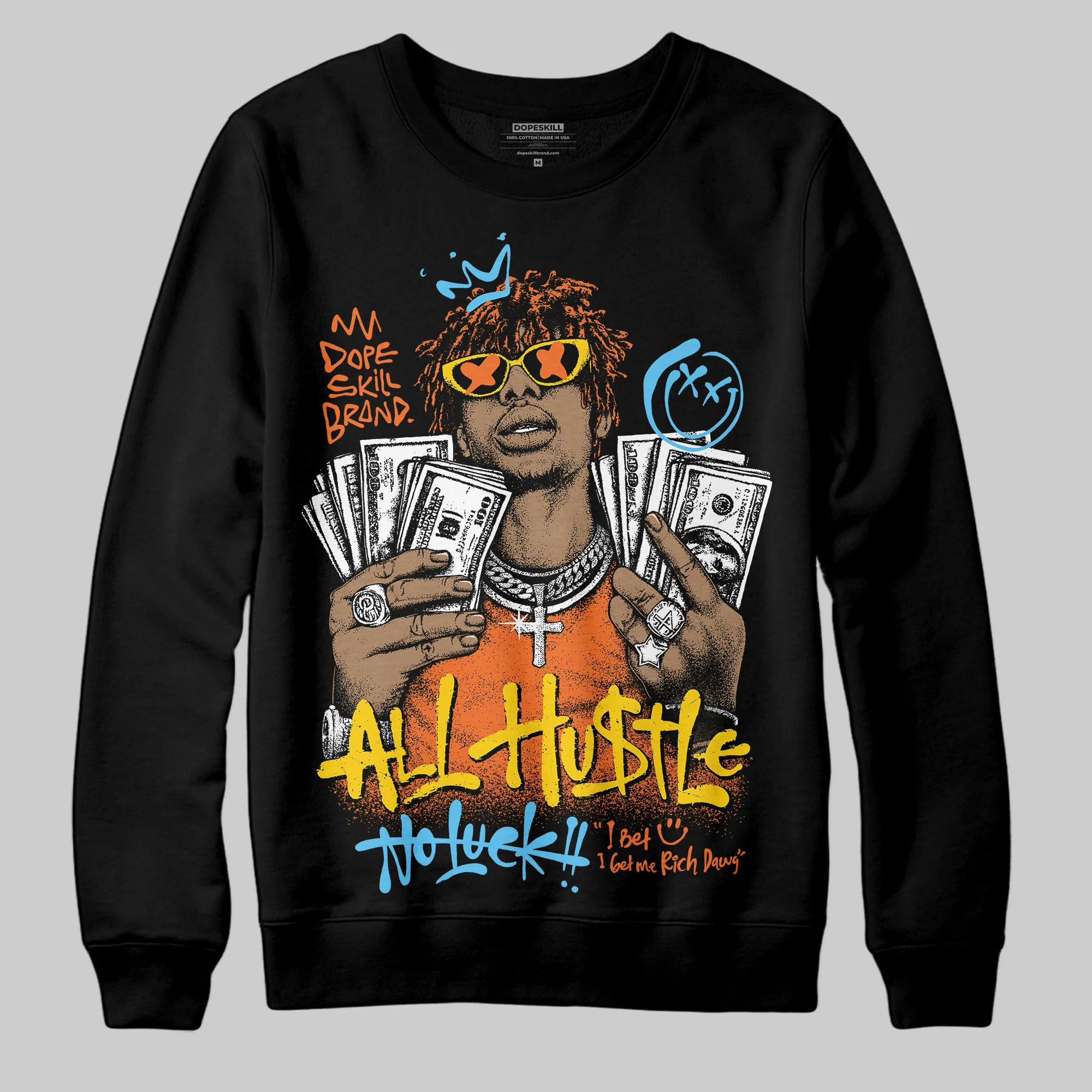 Orange 'All Hustle No Luck' DopeSkill Graphic Sweatshirt - Image 2
