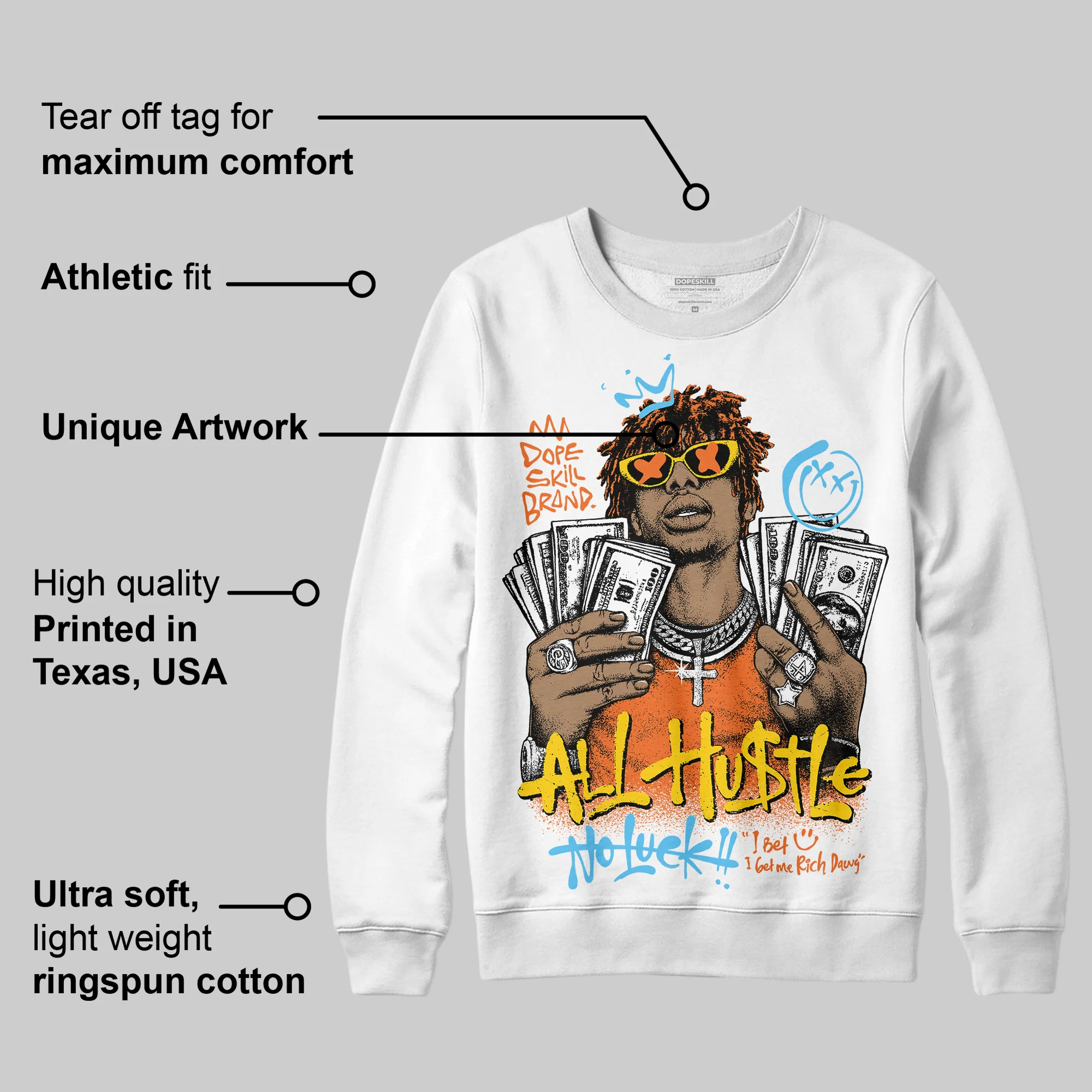 Orange 'All Hustle No Luck' DopeSkill Graphic Sweatshirt - Image 3