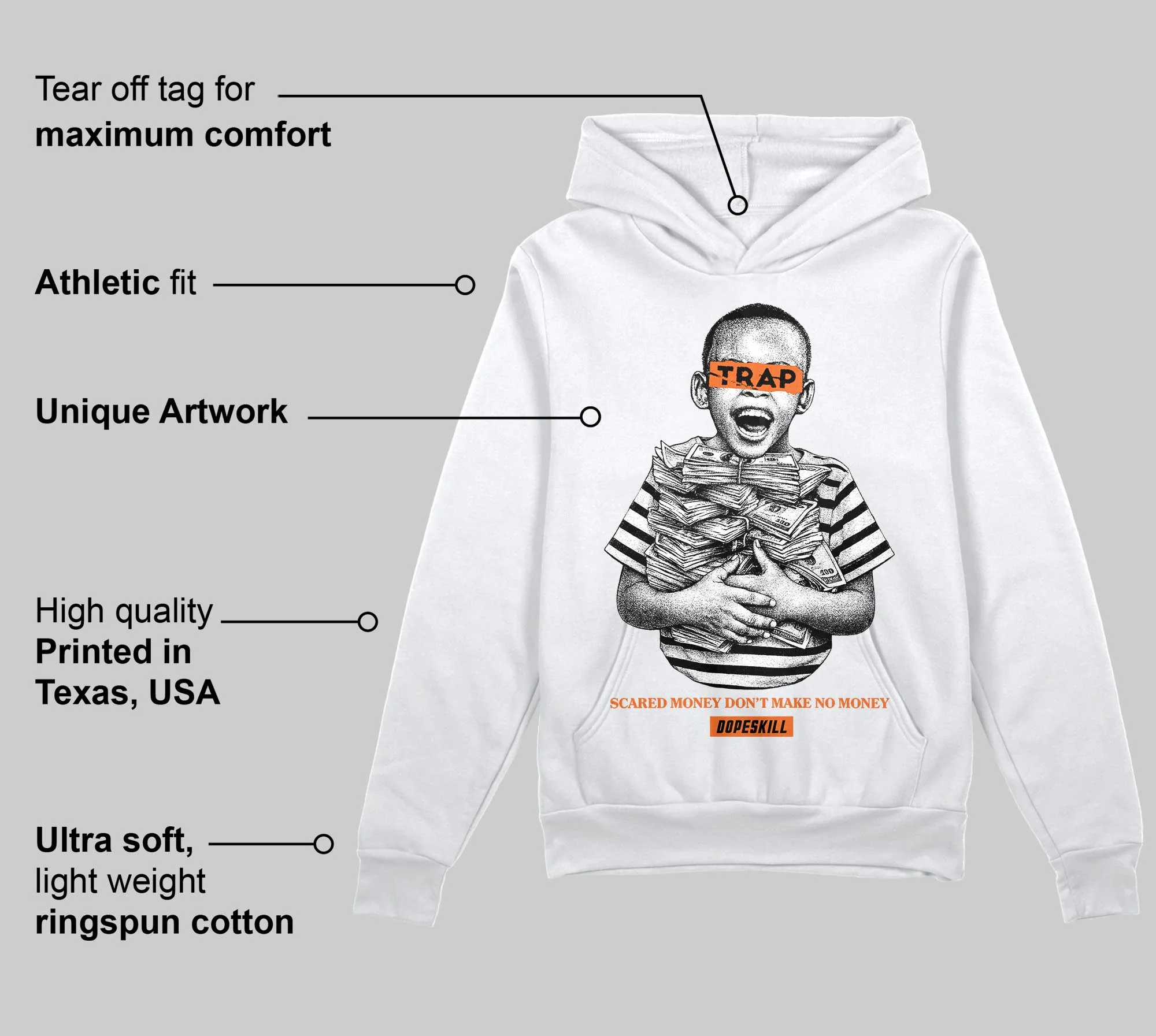 Orange 'Scared Money Don't Make No Money' DopeSkill Graphic Hoodie - Image 3