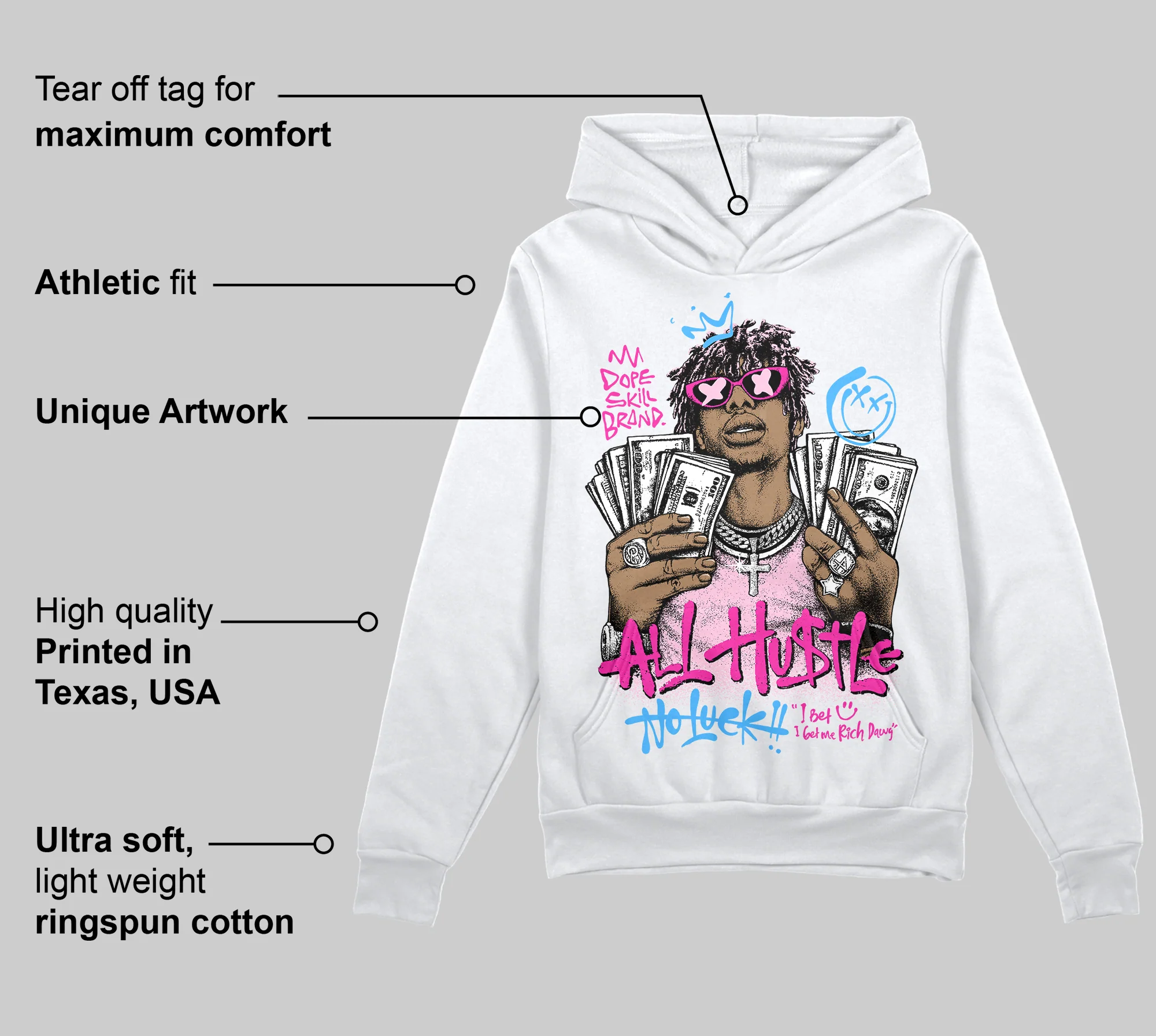 Pink 'All Hustle No Luck' DopeSkill Graphic Hoodie - Image 3