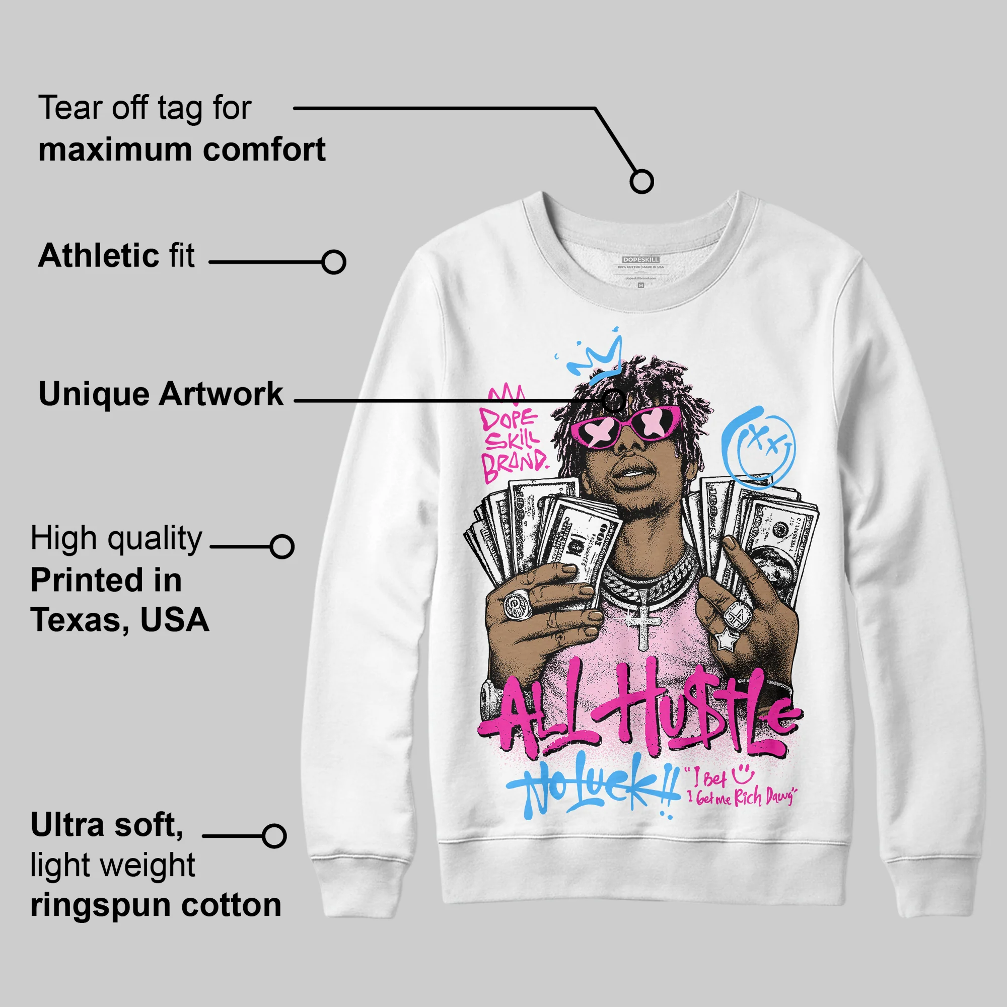 Pink 'All Hustle No Luck' DopeSkill Graphic Sweatshirt - Image 3