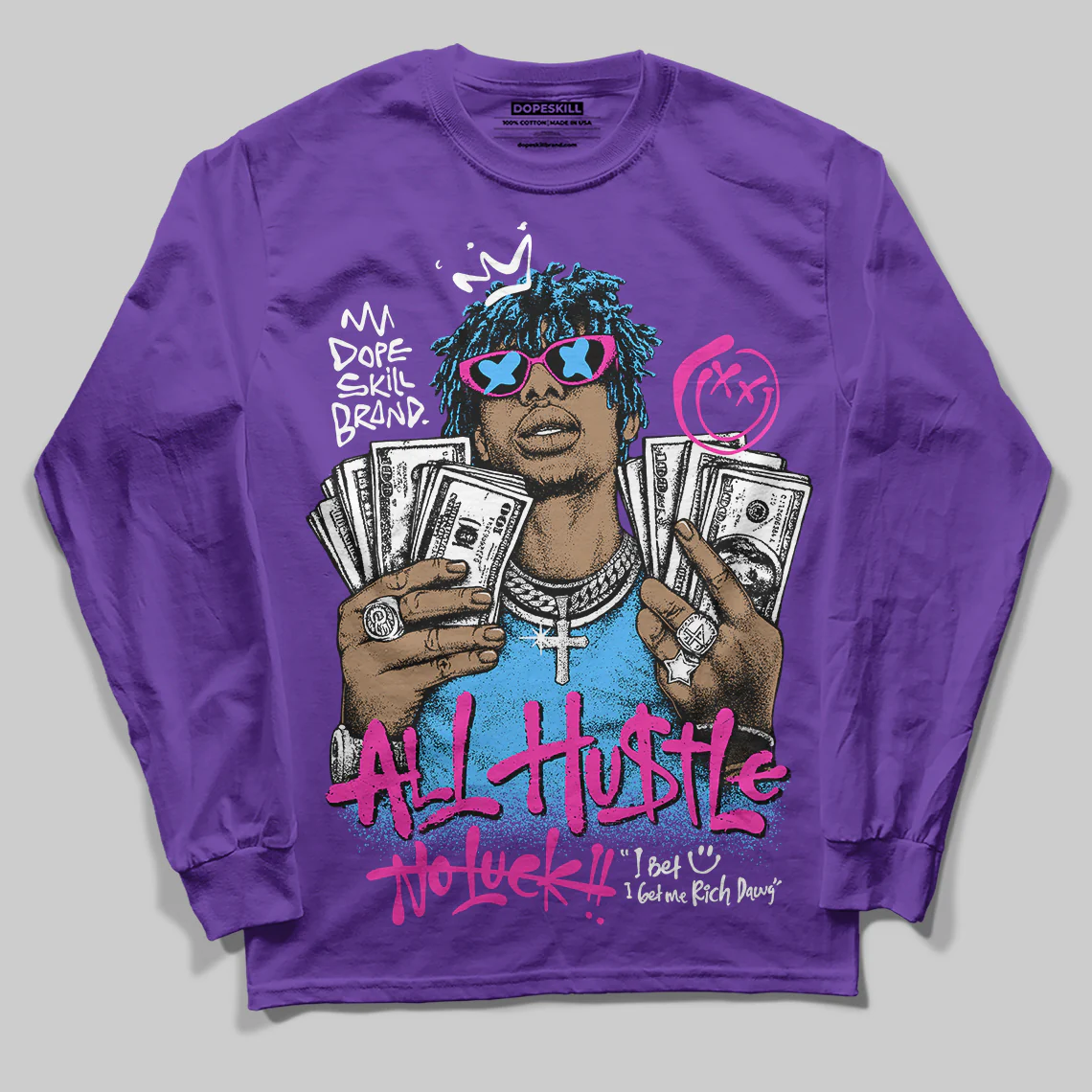 PURPLE 'All Hustle No Luck' DopeSkill Graphic Long Sleeve T-Shirt - Image 3