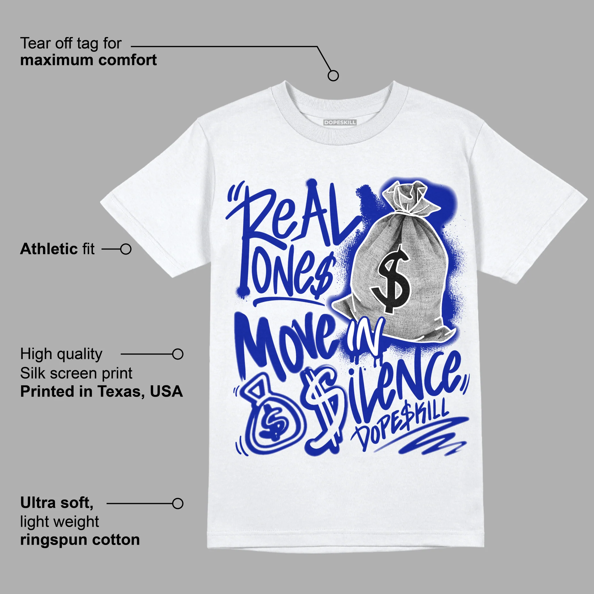 Racer Blue White Dunk Low DopeSkill T-Shirt Real Ones Move In Silence Graphic - Image 3