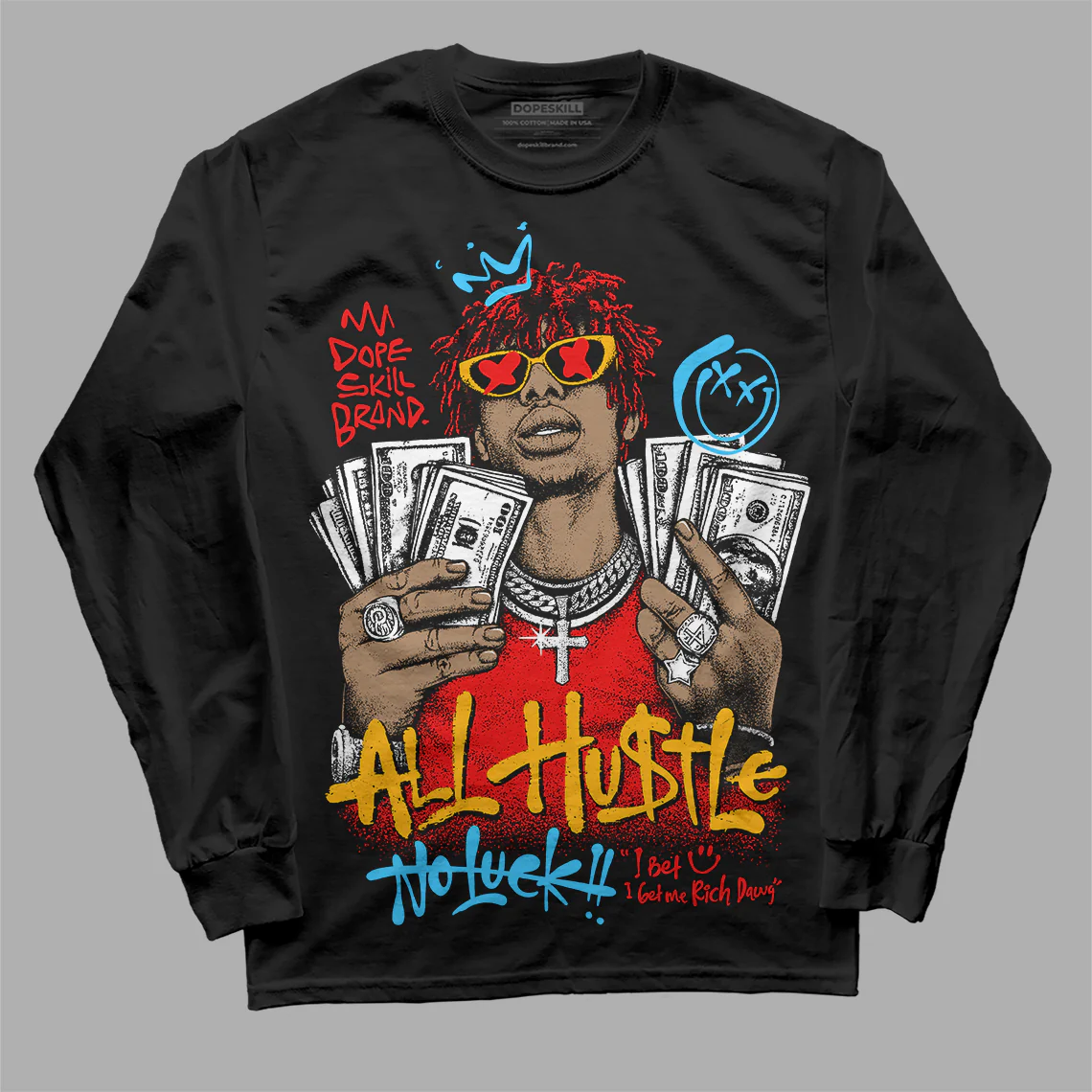 Red 'All Hustle No Luck' DopeSkill Graphic Long Sleeve T-Shirt