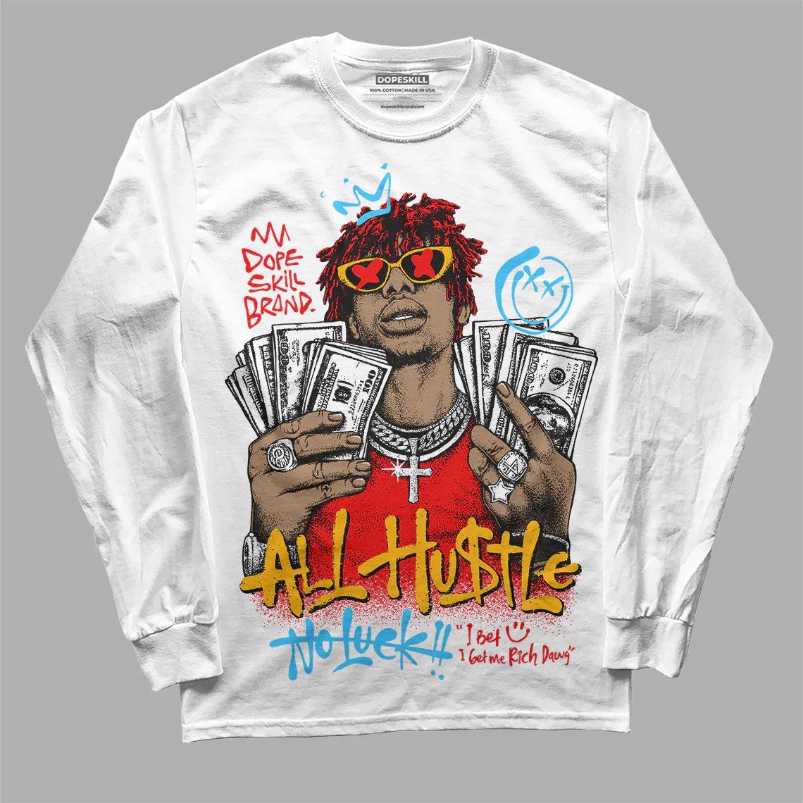Red 'All Hustle No Luck' DopeSkill Graphic Long Sleeve T-Shirt - Image 2
