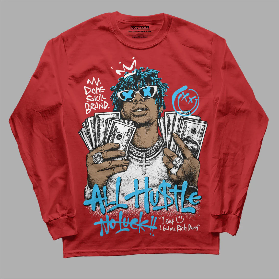 Red 'All Hustle No Luck' DopeSkill Graphic Long Sleeve T-Shirt - Image 3