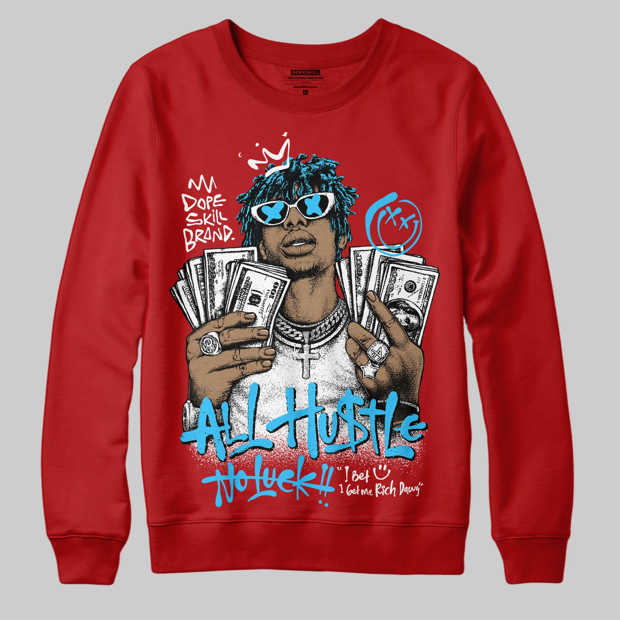 Red 'All Hustle No Luck' DopeSkill Graphic Sweatshirt - Image 3