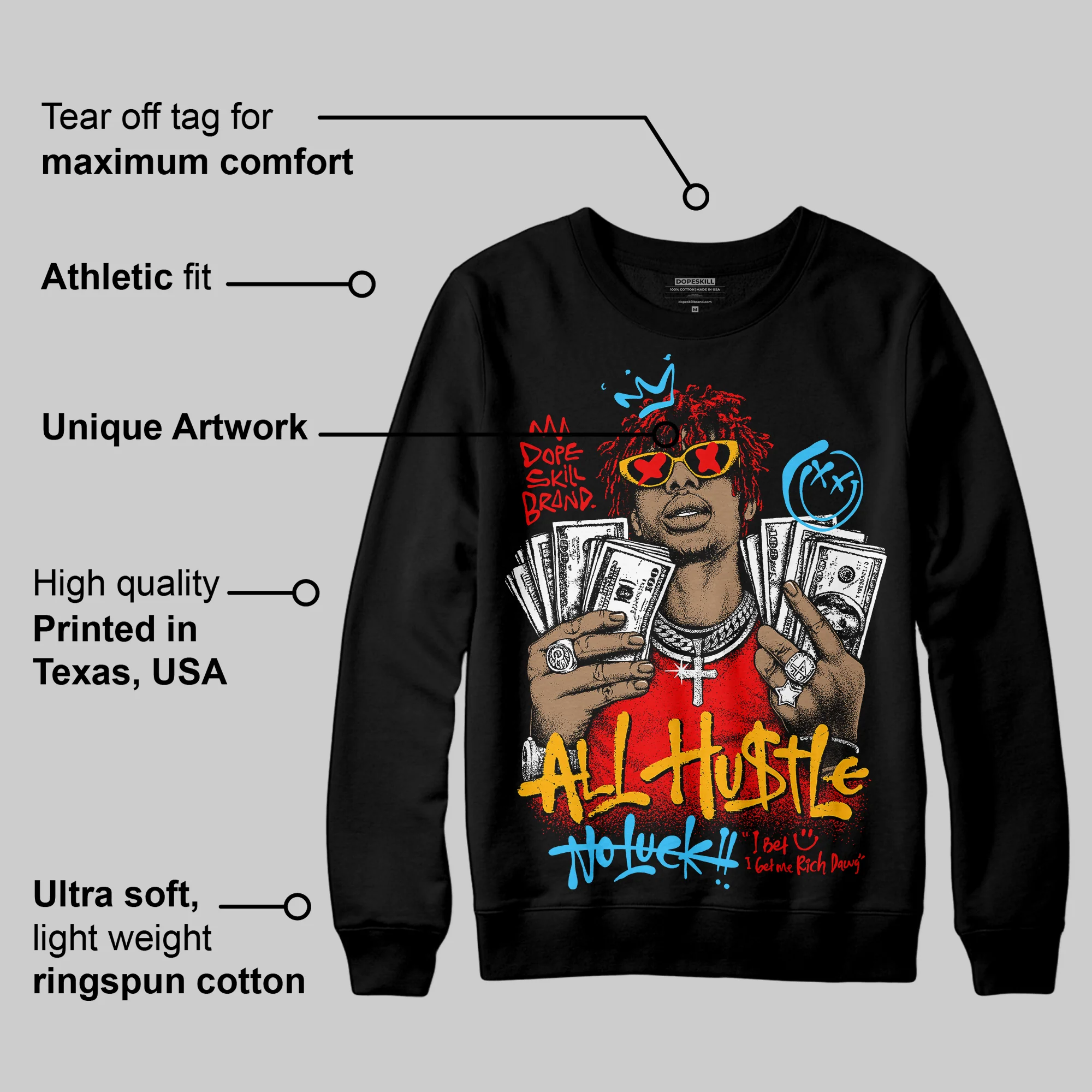 Red 'All Hustle No Luck' DopeSkill Graphic Sweatshirt - Image 4