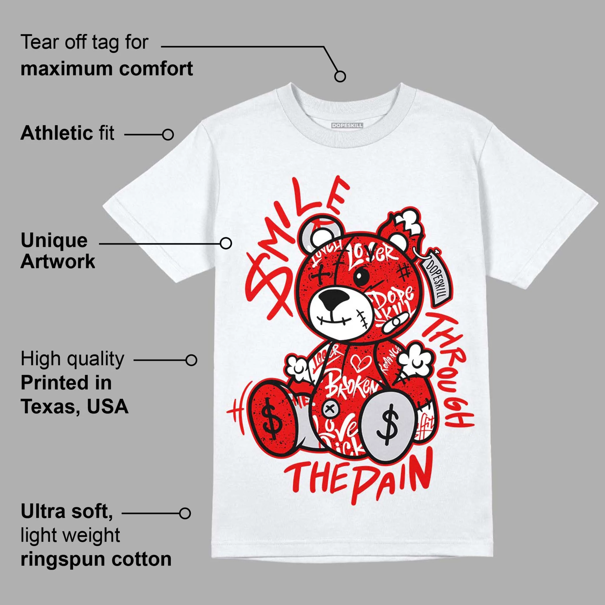 Red Cement 4S DopeSkill T-Shirt Smile Through The Pain Graphic - Image 3