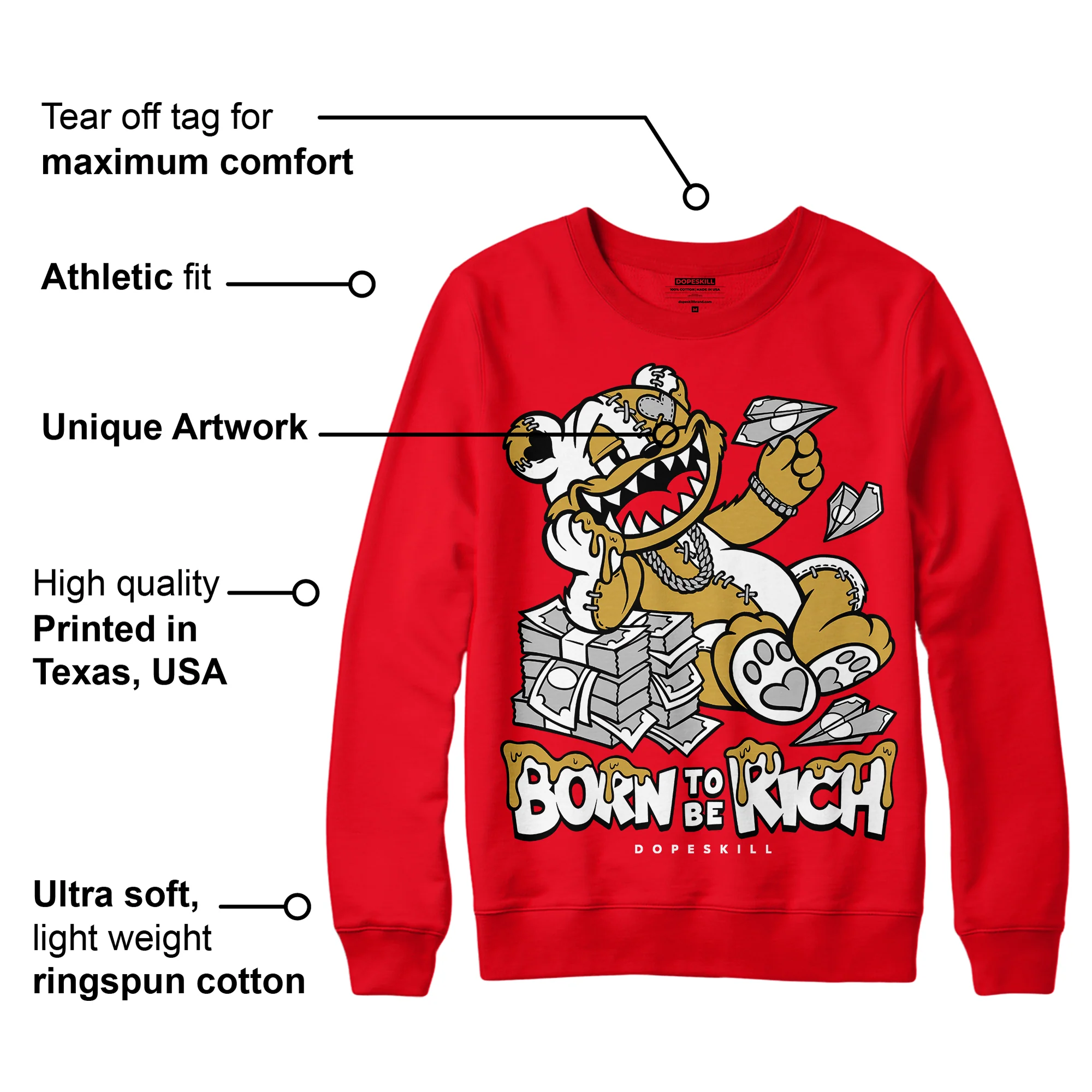 Red Thunder 4s DopeSkill Red Sweatshirt Born To Be Rich Graphic - Image 2